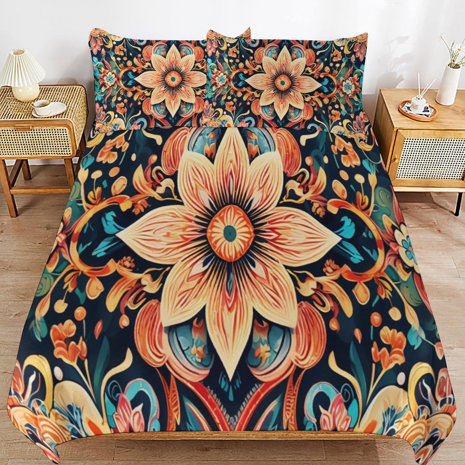 Parure de lit bohème 220 x 240 cm avec drap de lit végétal coloré