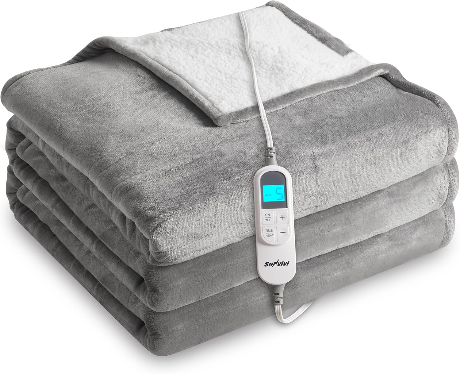 SUNVIVI Heated Blanket Queen Size, Electric Throw Dual Control, 5 Years Warranty, 10 Heat Settings, 12 Hours Auto Off, Soft Flannel and Sherpa, Machine Washable, ETL Certified,Grey