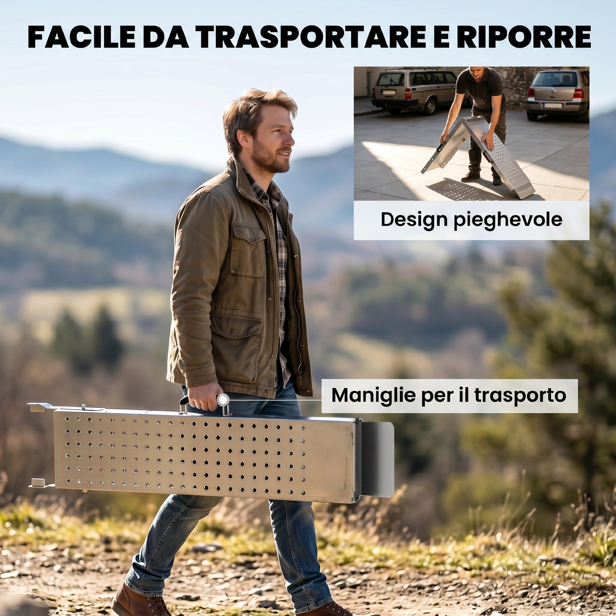 HOMCOM Set 2 Rampe di Carico, Rampe Pieghevoli in Metallo, Portata Totale 400 kg, 180 x 25.5 cm, con Maniglie e Fori Antiscivolo, per Moto, ATV, Rimorchio, Pick-up e Tosaerba, Argento