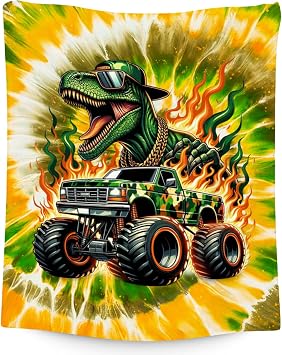 Boys Blanket, Dinosaur Blankets Gifts for Kids Teens, 50"x60" Tie Dye Throw for Dinosaur Lovers, Soft Cozy Fleece Truck Throw for Sofa Bed