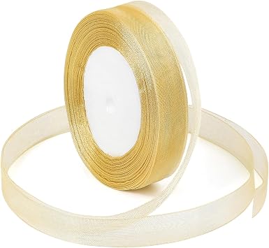 Gold Ribbon for Gifts Wrapping, 5/8 inch 50Yard Sheer Organza Chiffon Mesh Ribbon for Gifts Wrap, Christmas, Flower Bouquet, Crafts, Wedding Decoration, Valentine Day, Present