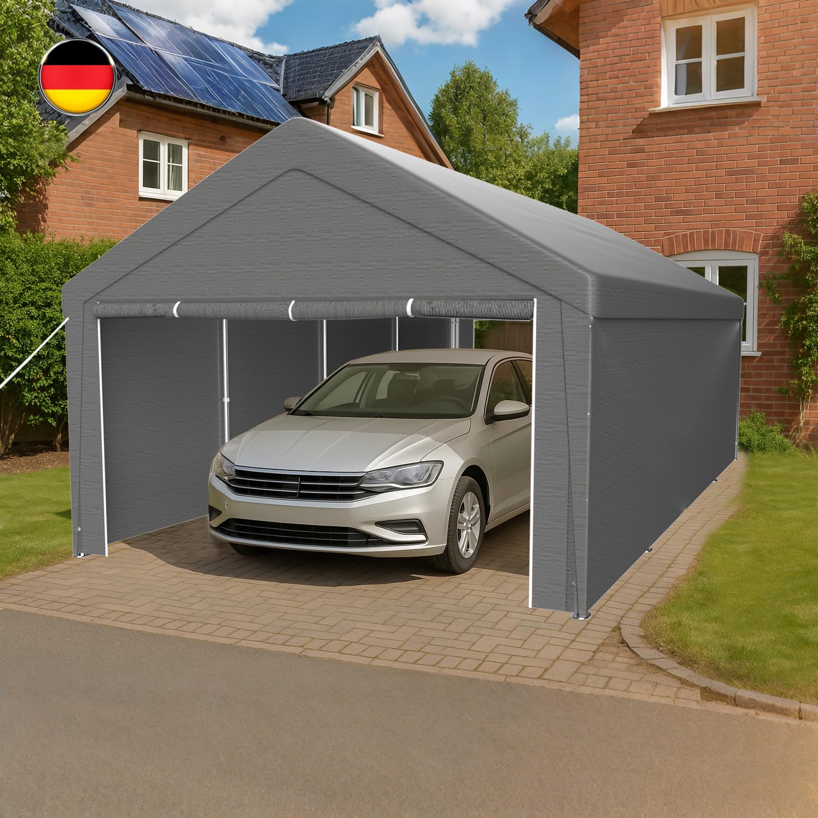 Pavillon XXL Carport 4x8m mit Stabil PE Plane, UV-beständig wasserdicht, abnehmbaren Seitenwänden, Dachverstärkung, Metallrahmen, Garagenzelt für Auto, LKW, Party, temporäre Werkstatt, Grau
