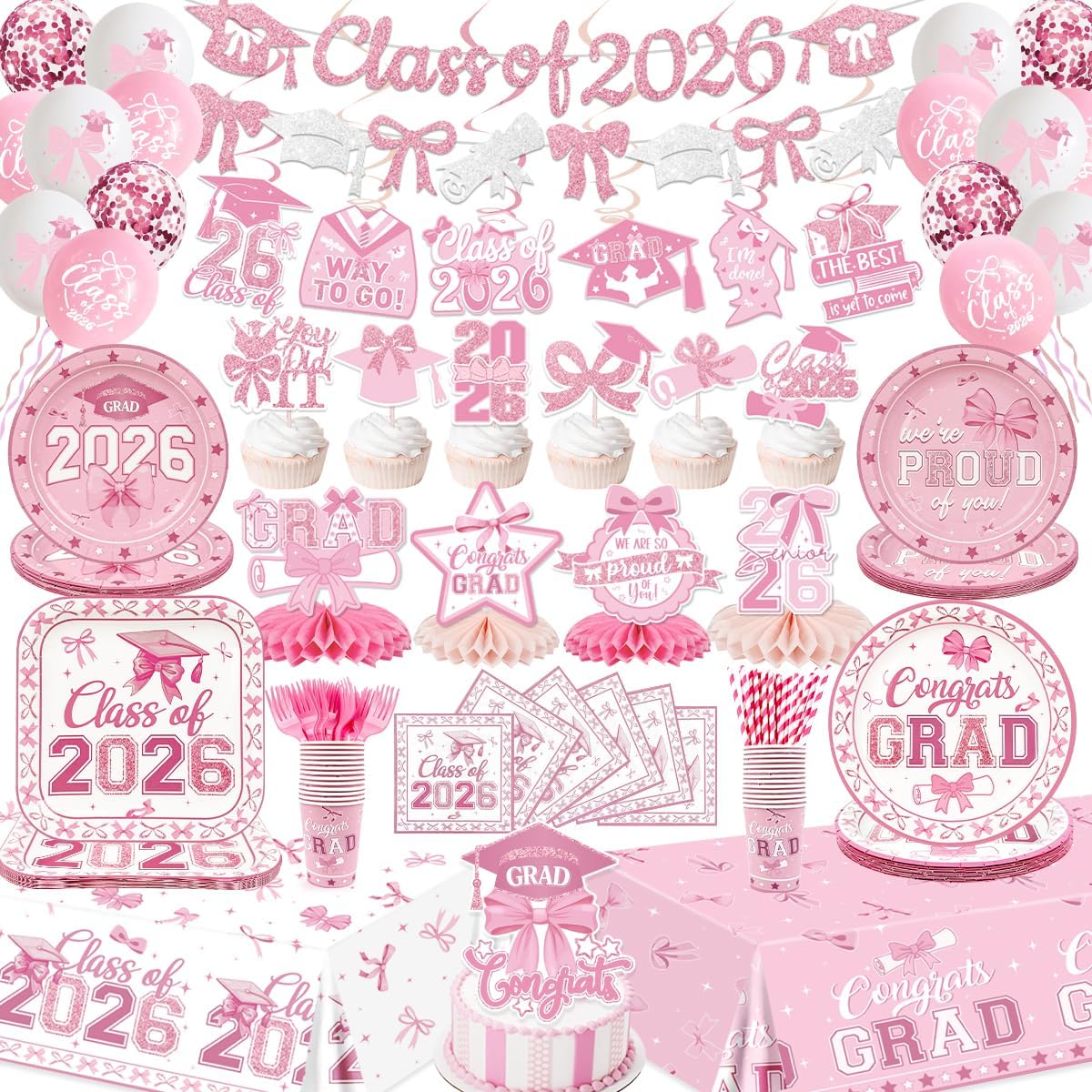 2026 Graduations Decorations Pink Bow Class of 2026 Plates and Napkins Banner Grad 2026 Tablecloth Congrats Grad Cake Topper Hanging Swirls Balloons Graduation Party Supplies