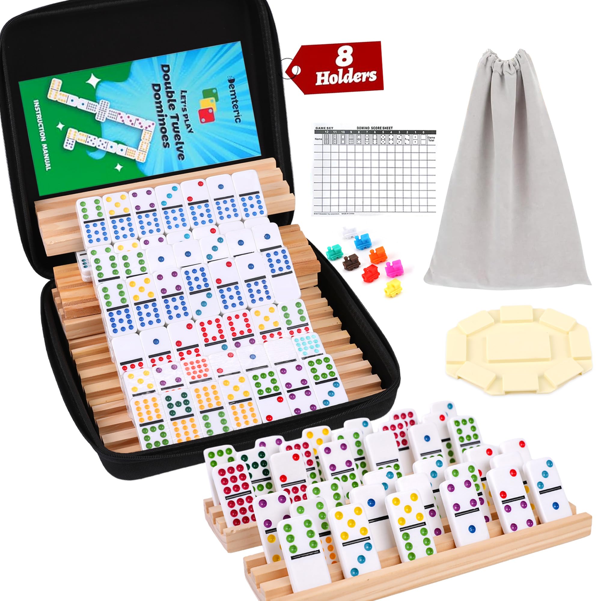 Domino-Set mit mexikanischem Zug, doppelt, 12 farbige Punkte, mit 8 Holzregalen, bunt, 91 Fliesen, mit tragbarem Reiseetui, klassisches Brettspiel für Erwachsene und Kinder, Familie