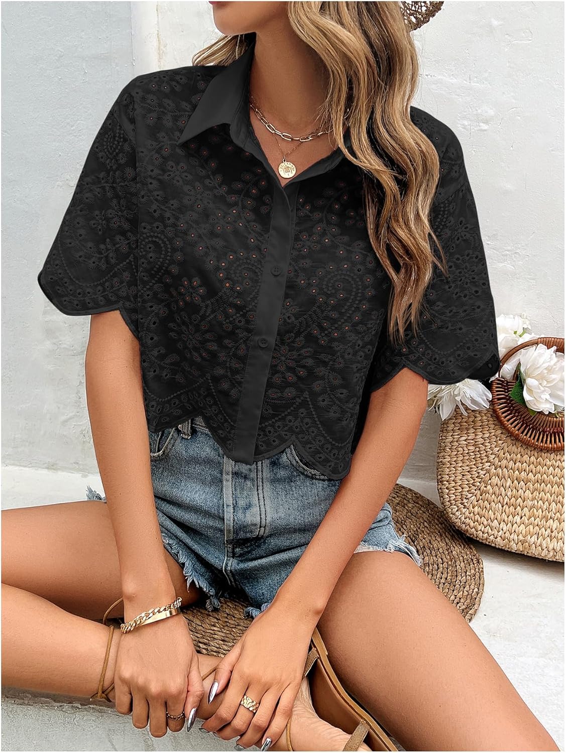 SweatyRocks Women's Short Sleeve Button Down Eyelet Crochet Shirt Asymmetrical Hem Crop Top Blouse