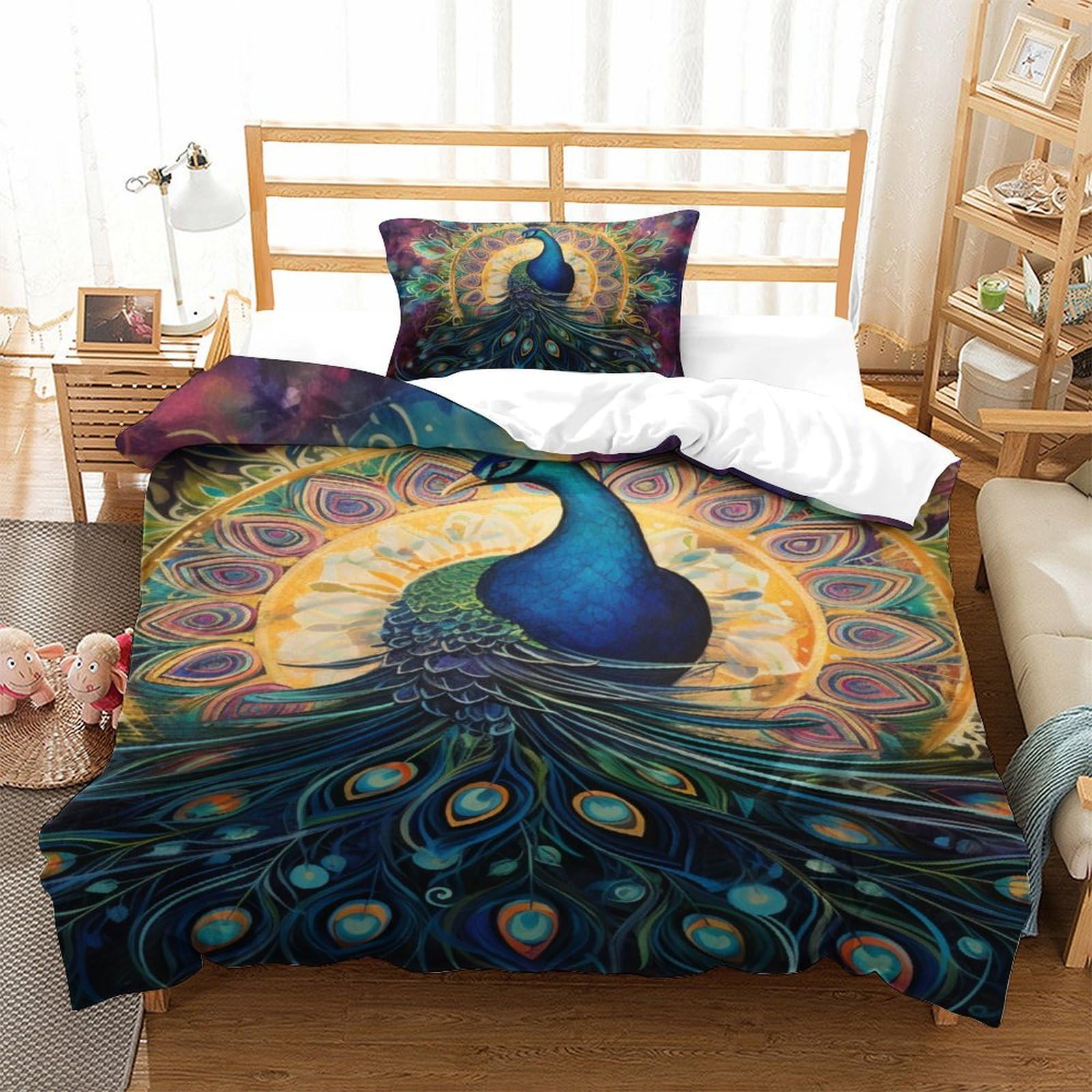 Housse de couette douce et drap de lit motif paon 3D au tissage confortable