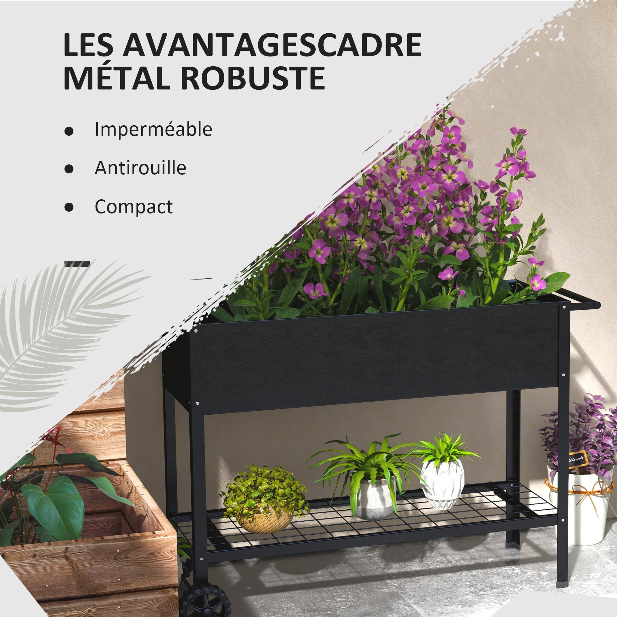 Outsunny Jardinière sur Pieds Potager dim. 109L x 39l x 80H cm étagère 2 Roues + Insert d'irrigation métal Noir