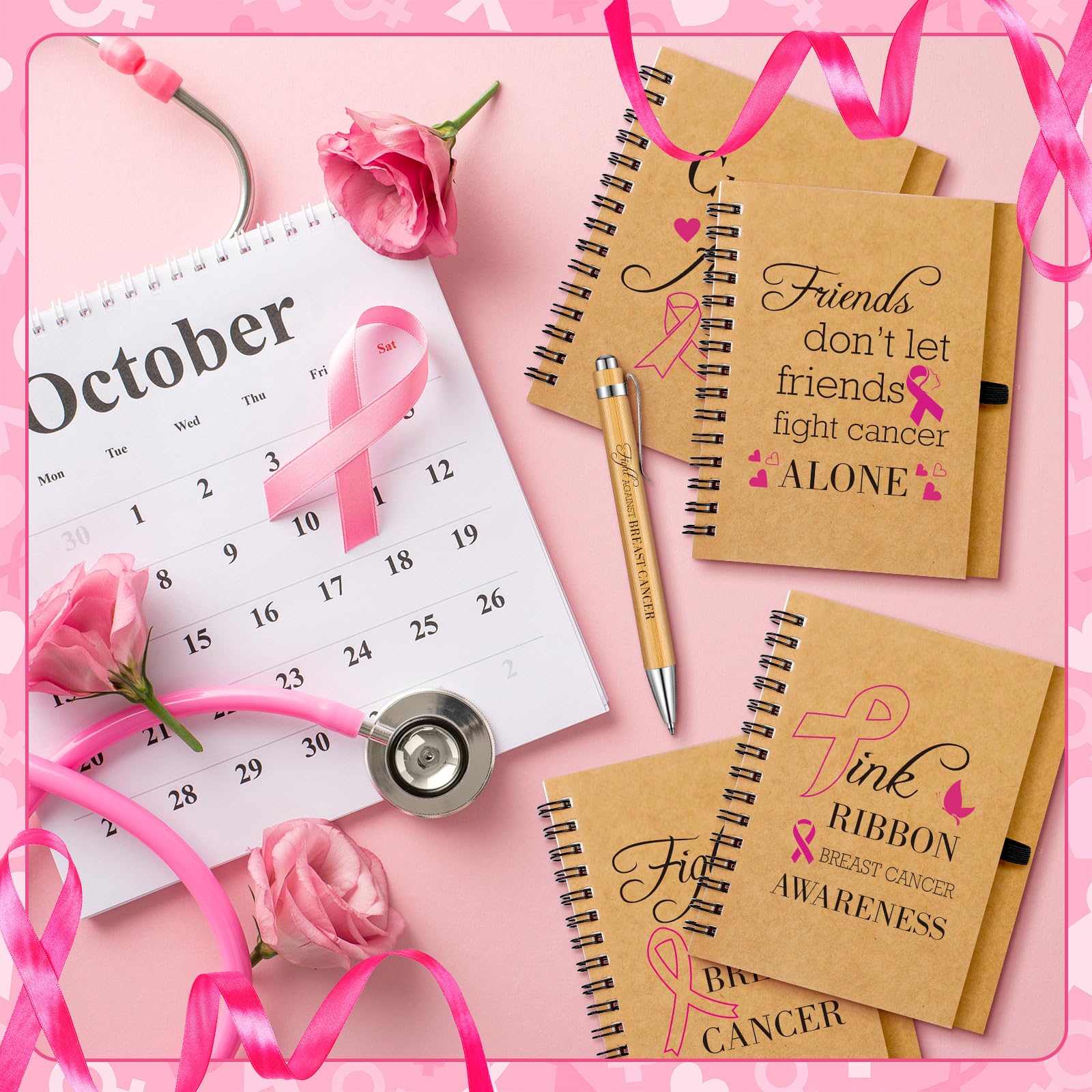 Yeaqee Mini-inspirierende Notizbücher mit Stiften, kleine motivierende Notizblöcke, rosa Schleife, Taschennotizblöcke, Aufmerksamkeit, Monat, Wertschätzung, Geschenke für Frauen und Mädchen, 50 Stück