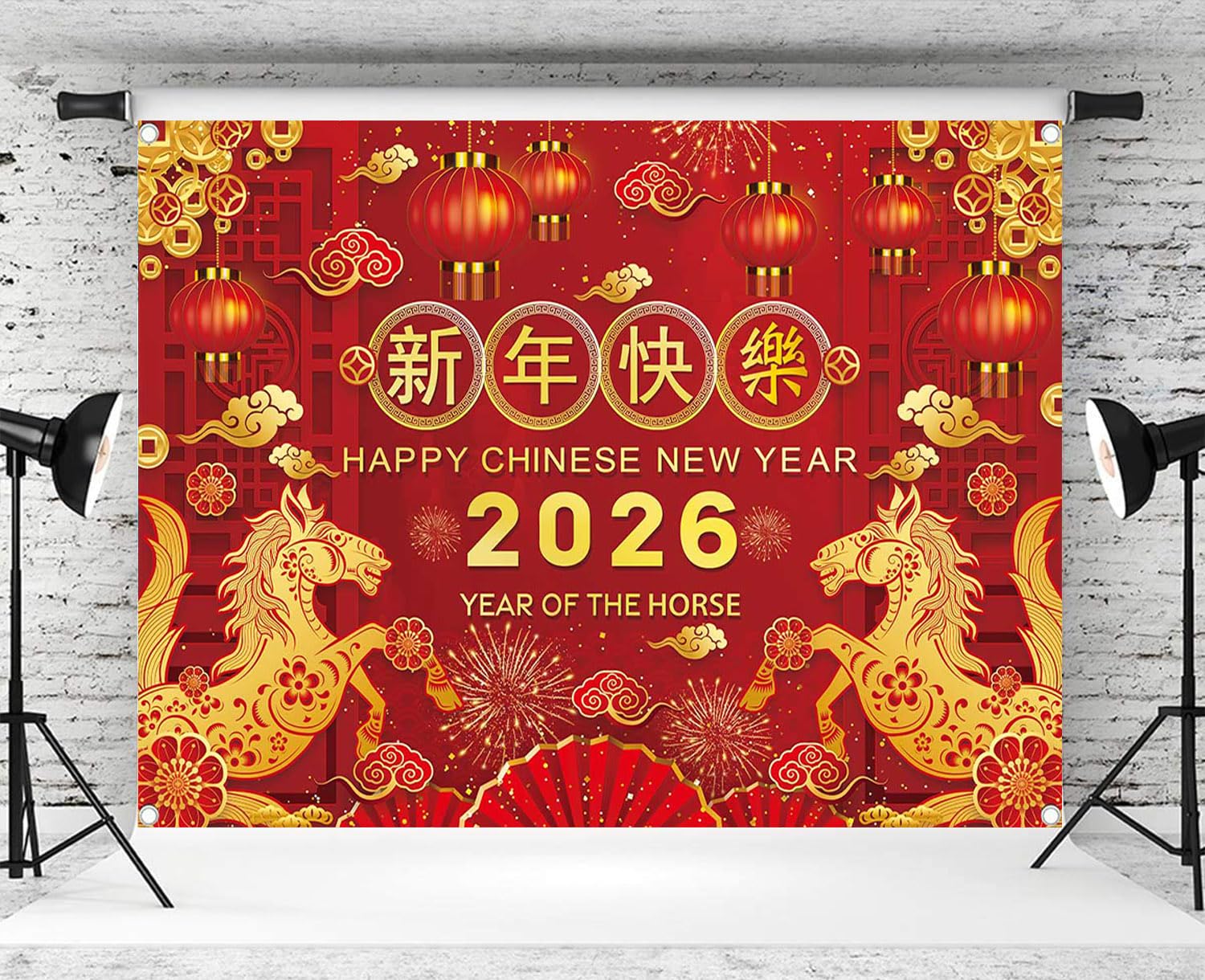Photo 1 of Chinese New Year Backdop 2026 Year of The Horse Background Chinese Spring Festival Lunar New Year Eve Party Decoration Banner Photo Supplies (120x96inch (10x8FT))