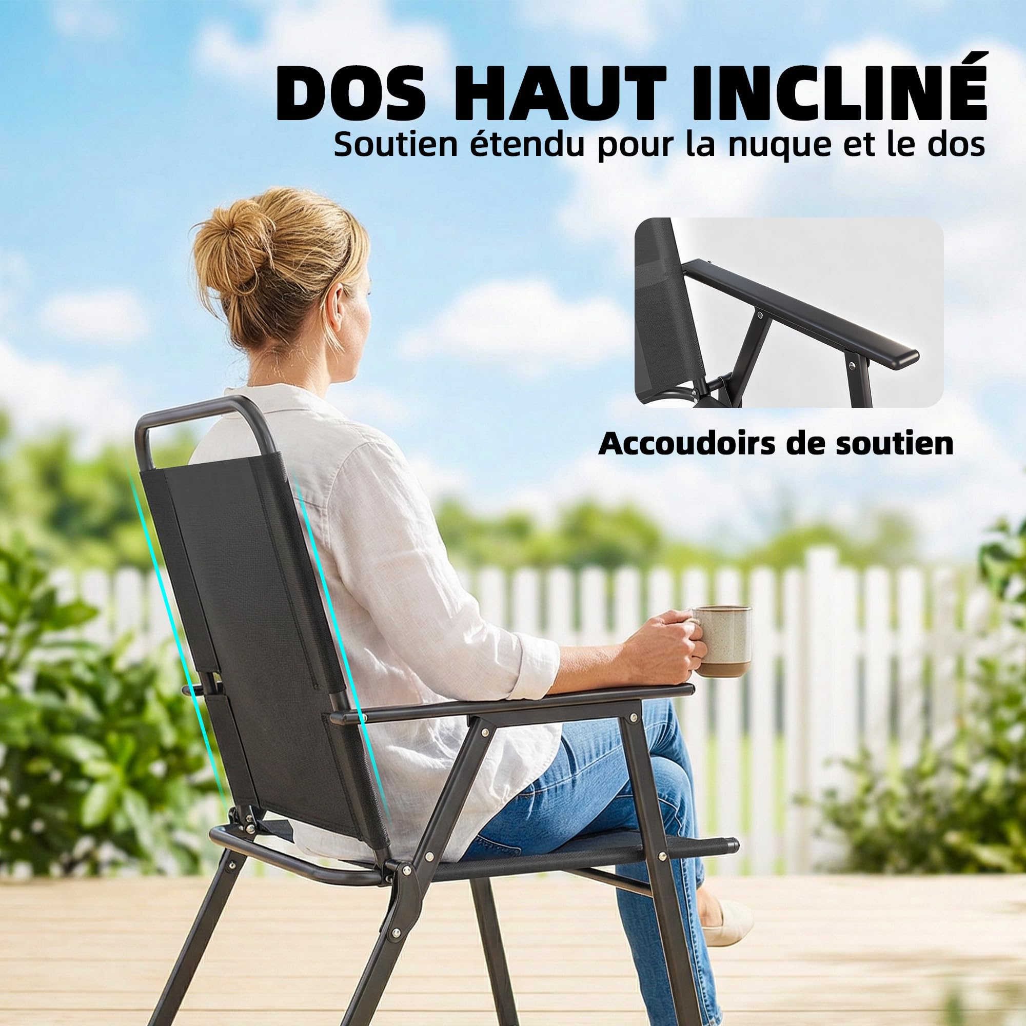 Outsunny Lot de 4 chaises de Jardin Pliantes avec accoudoirs, chaises d'extérieur avec Assise Large en textilène Respirant, Dossier Haut, Cadre en Acier Robuste, pour Patio, Balcon, terrasse, Noir