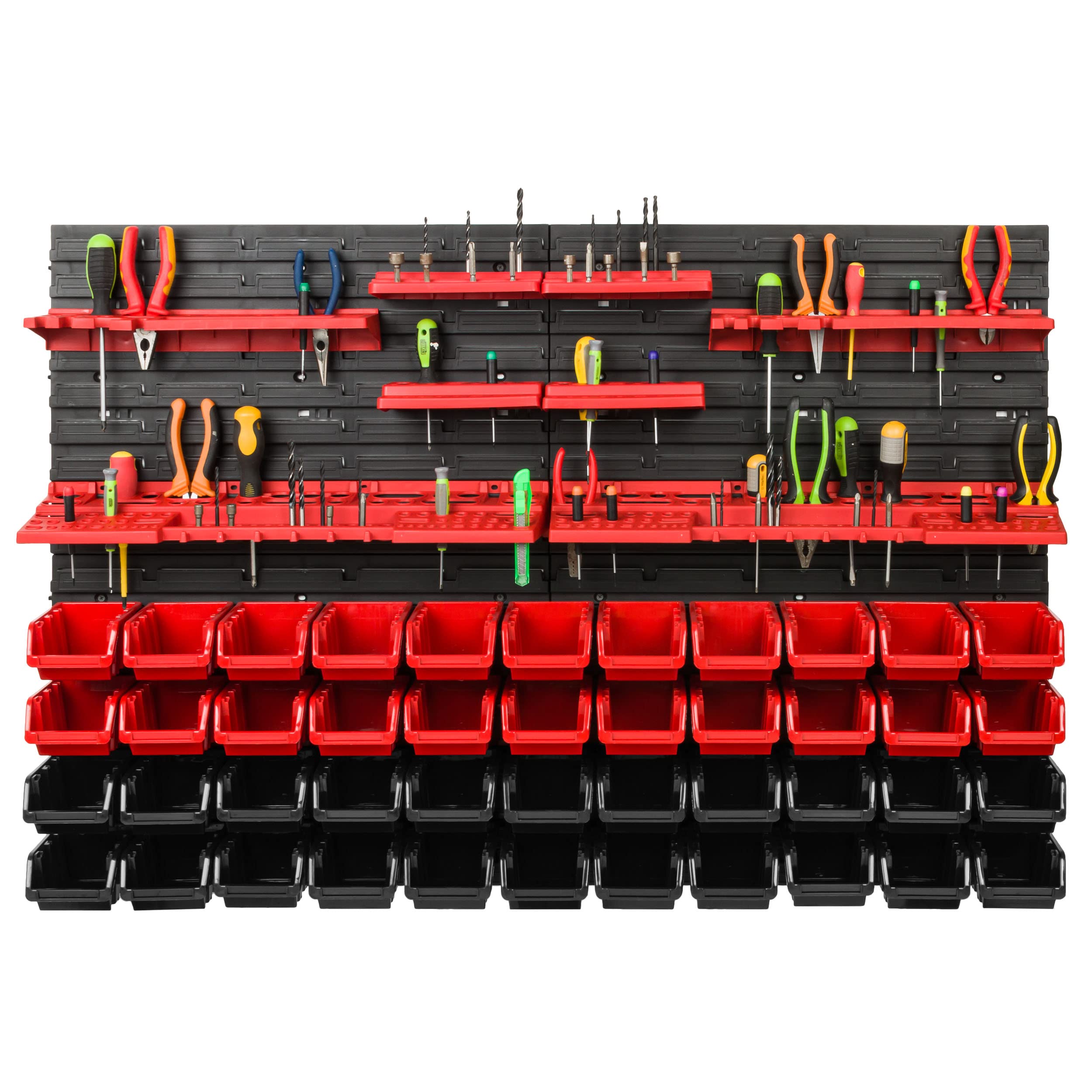 Sistema de almacenamiento para taller, 115 x 78 cm, 44 unidades, estantería de pared con soportes para herramientas y cajas apilables, placas de pared extrafuertes, estantería para herramientas
