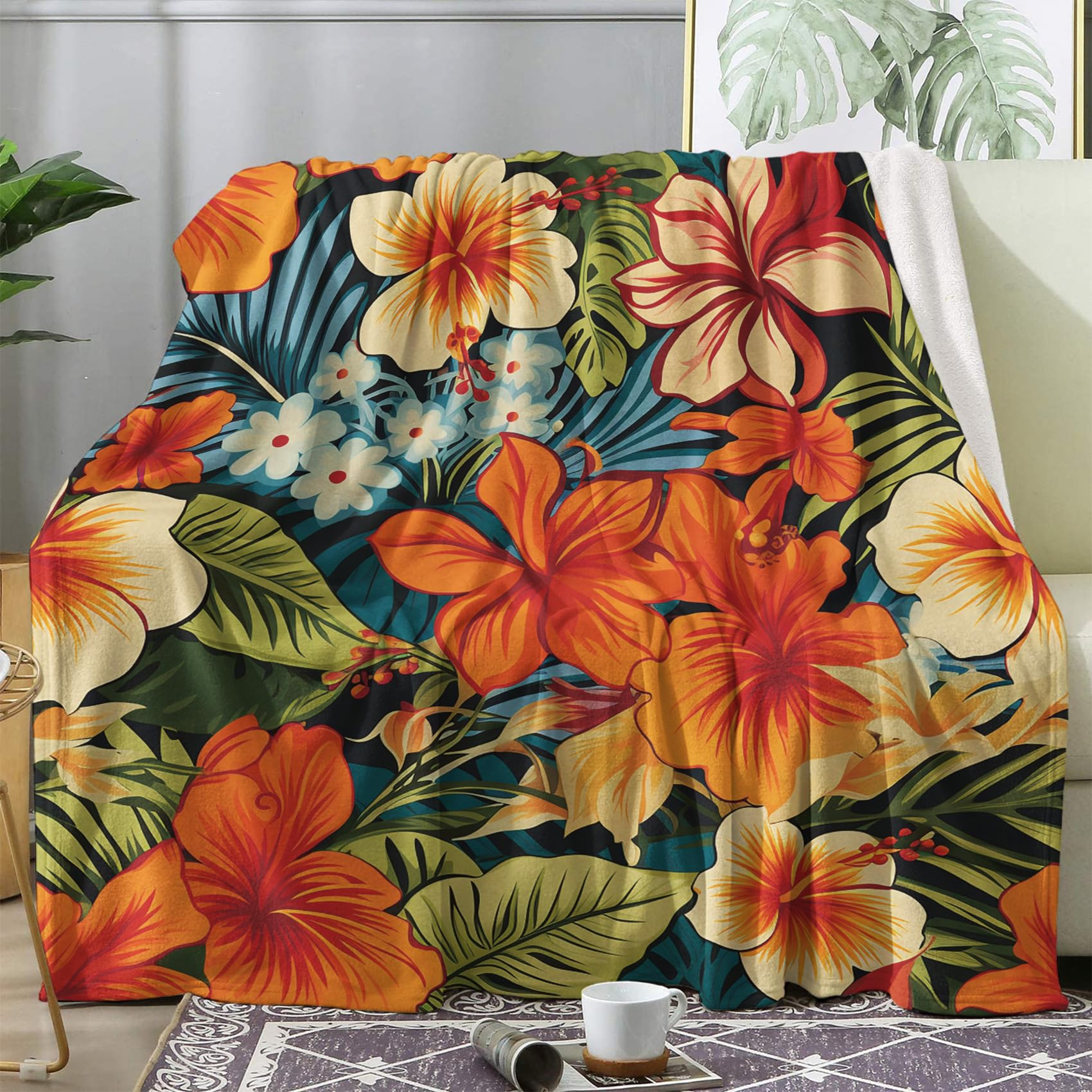 FJWXCBD Tropical Floral Blanket, Vibrant Flower Fleece Throw Blanket King Size for Couch Bed Sofa, Boho Botanical Blankets and Throws, Decor & Gifts,
