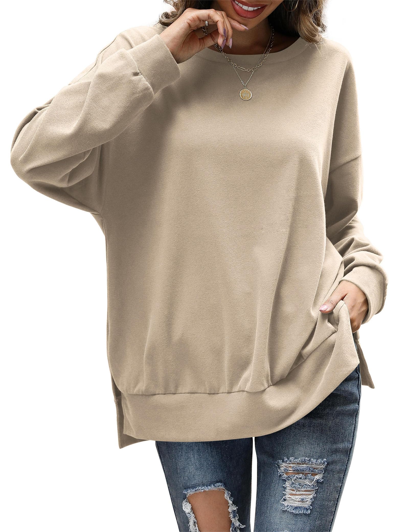 BeluringThin Sweatshirt for Women Loose Long Sleeve Tops Crew Neck Tops with Side Split