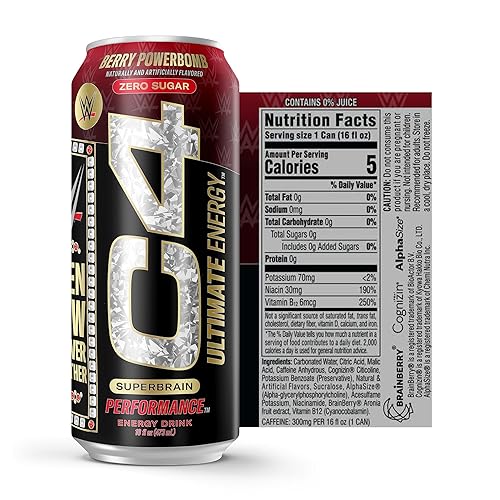 Miniatura 2 de C4 Ultimate x WWE - Bebida energética sin azúcar de cafeína de 300 mg  Berry Powerbomb Bebida de rendimiento preentrenamiento  16 onzas (paquete de