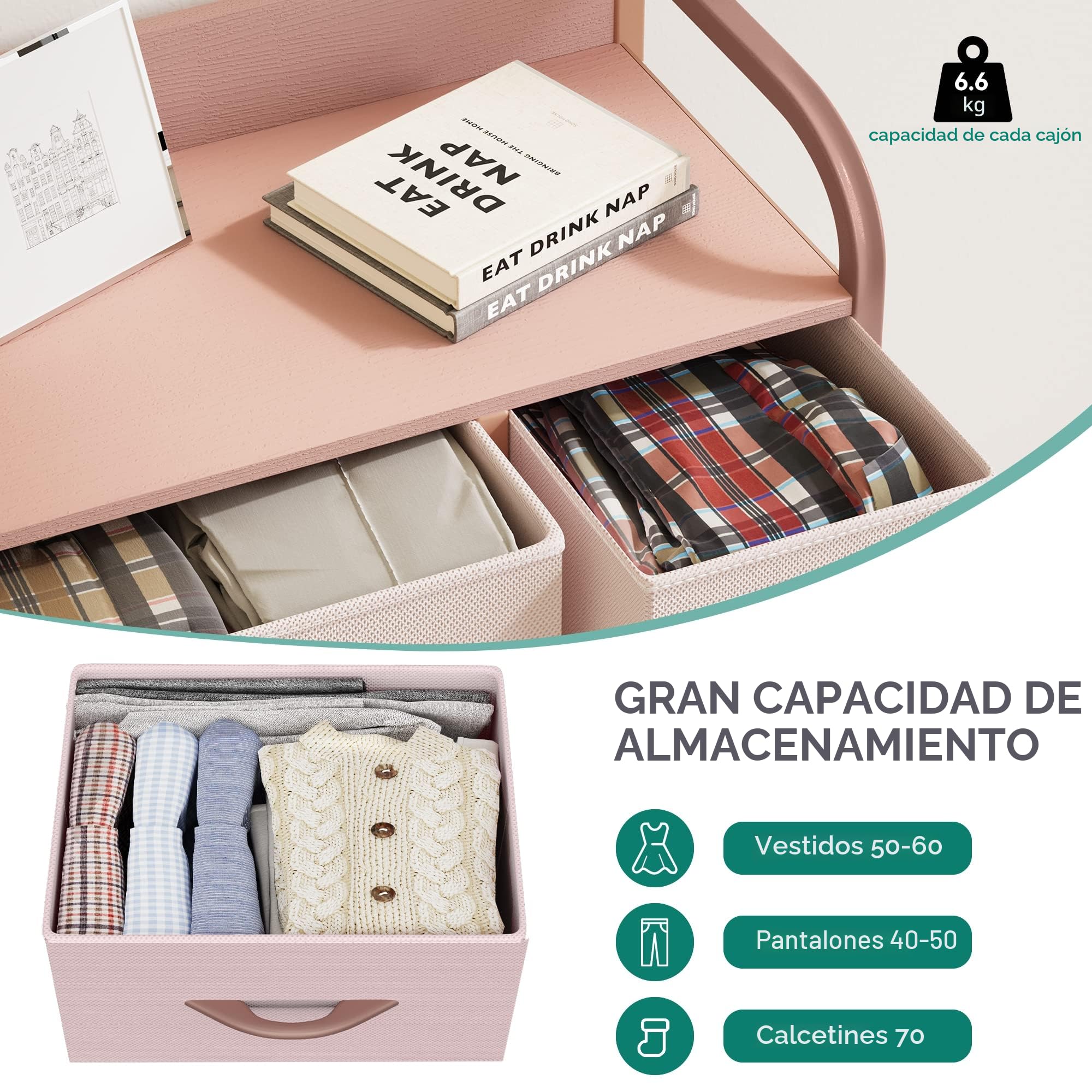 YITAHOME Cajonera para Armario,Unidad de Almacenamiento, de Tela, con 7 cajones,Cajones de Tela con Parte de Madera,Rosa
