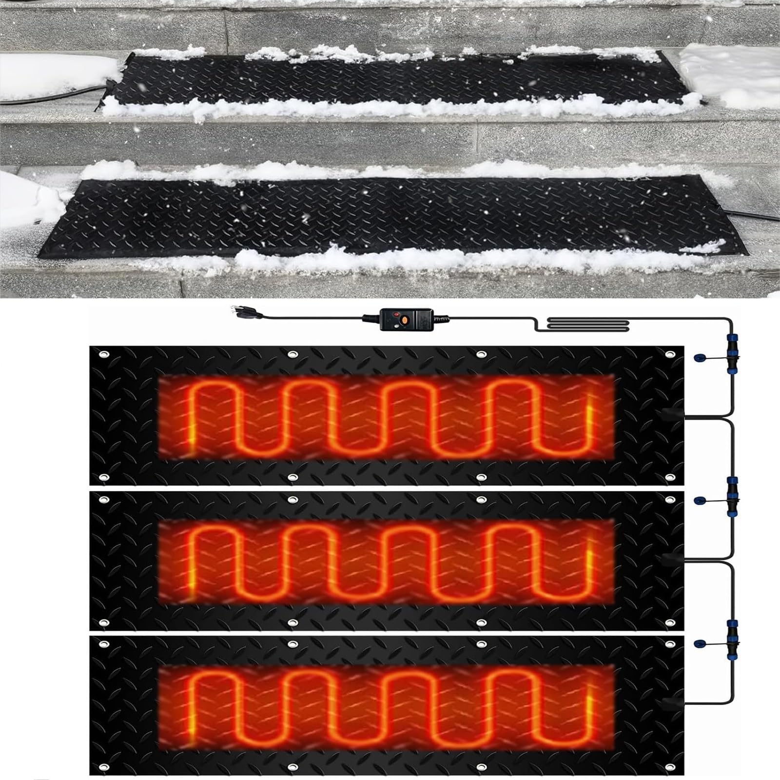 Tapis de déneigement électrique antidérapant for allées extérieures Hivernales, avec Cordon d'alimentation(30x120cmx3Pcs)