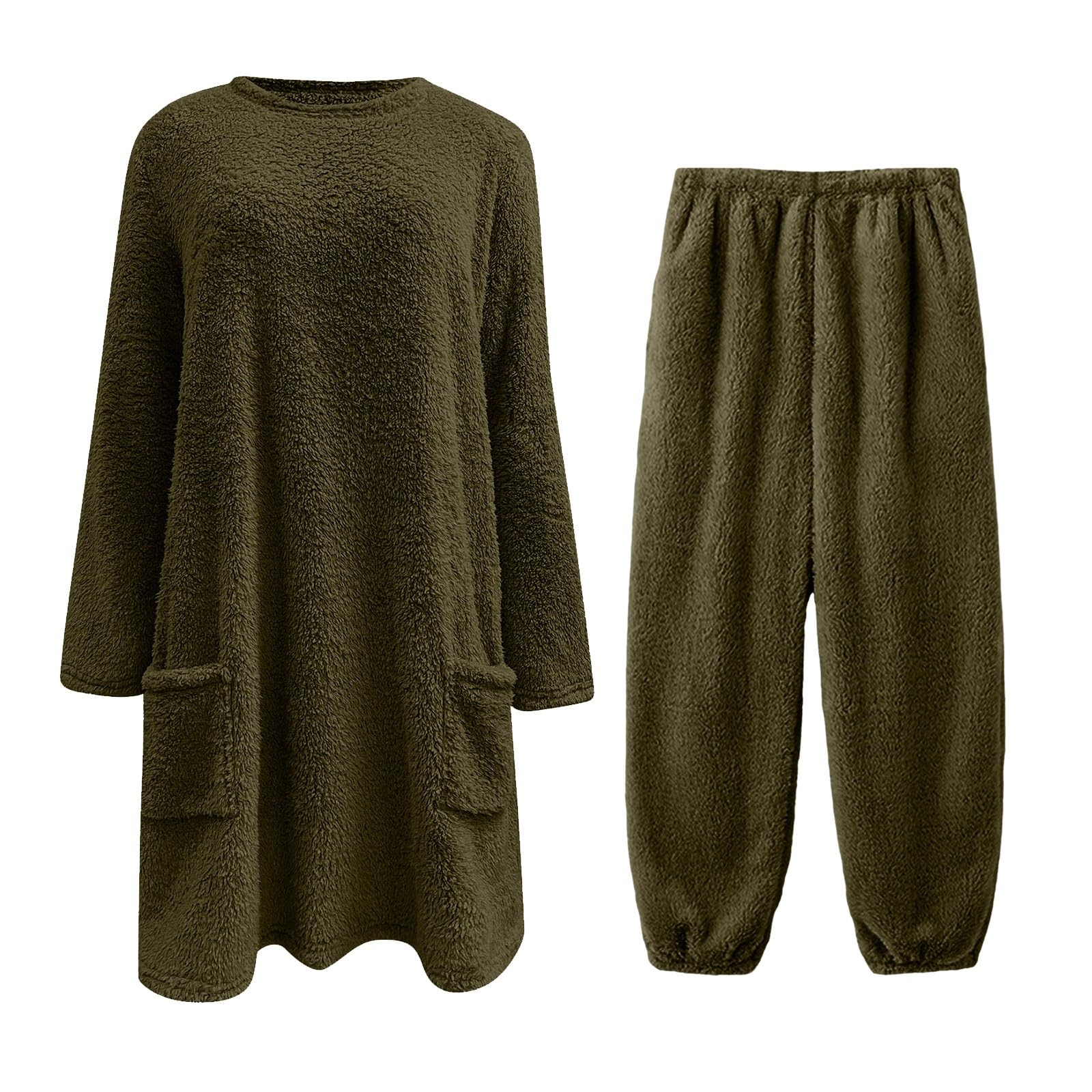 Da Donna A Maniche Lunghe con Pullover, Autunno E Inverno, in Morbido Pile Doppio, Rilievo Comodo Abbigliamento Casa per Le Notti Fredde Pigiami Due Pezzi (Green, L) Pigiama Cotone