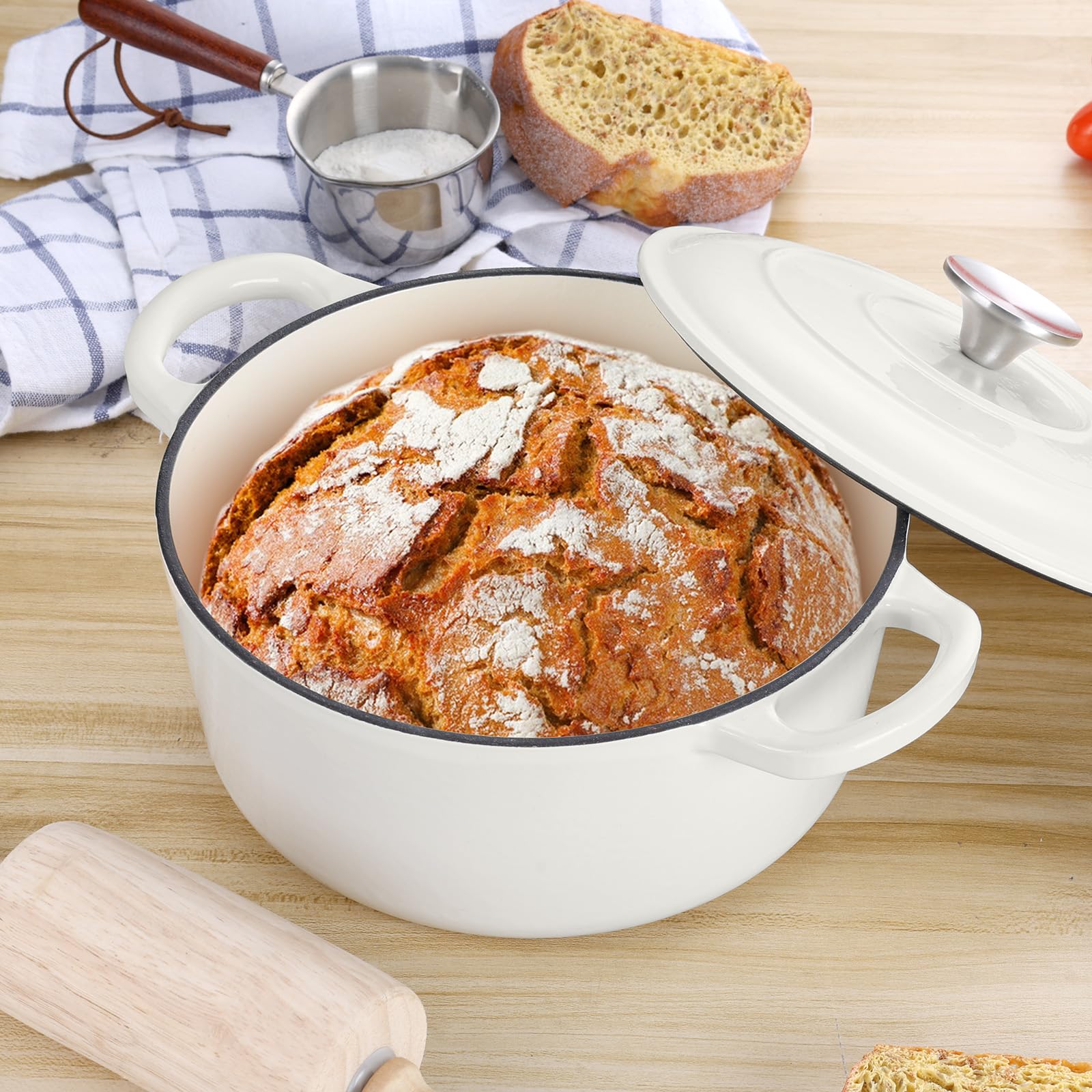 E-far - Horno holandés de hierro fundido esmaltado de 3 cuartos con tapa, olla pequeña redonda antiadherente para pan, estofado, guisos, asar, cocinar, resistente, inducción y apto para horno, color