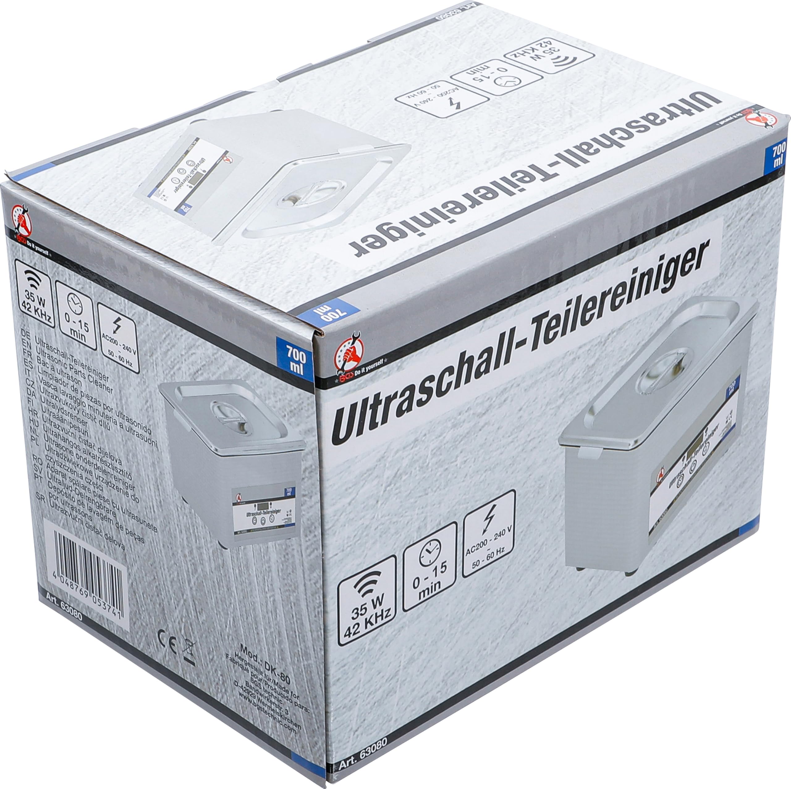 BGS Diy 63080 | Ultraschall-Teilereiniger | 700 ml | 35 W | Edelstahl | 42 kHz | Zeiteinstellung 0 - 30 min | 18 Zeitstufen | für Vergaserteile, Schmuck, Uhrenarmbänder, Münzen