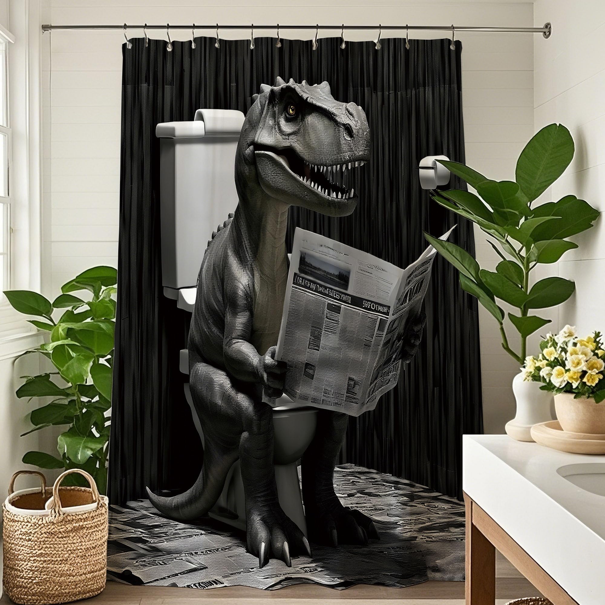 Pakena Funny Dinosaur Shower Curtain Funky Dino Animal Sitting on Toilet Reading Newspaper Shower Curtains for Bathroom Modern Black White Man Bath Curtain Bathroom Accessories Home Decor 60x72 Inch