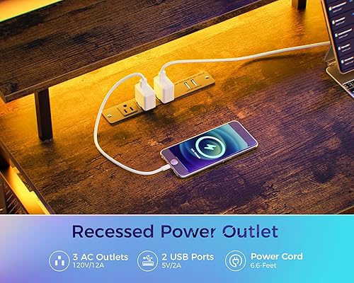 Miniatura 31 de ODK Escritorio para juegos en forma de L de 66 pulgadas con toma de corriente y luces LED, mesa de juegos de PC con textura de fibra de carbono,