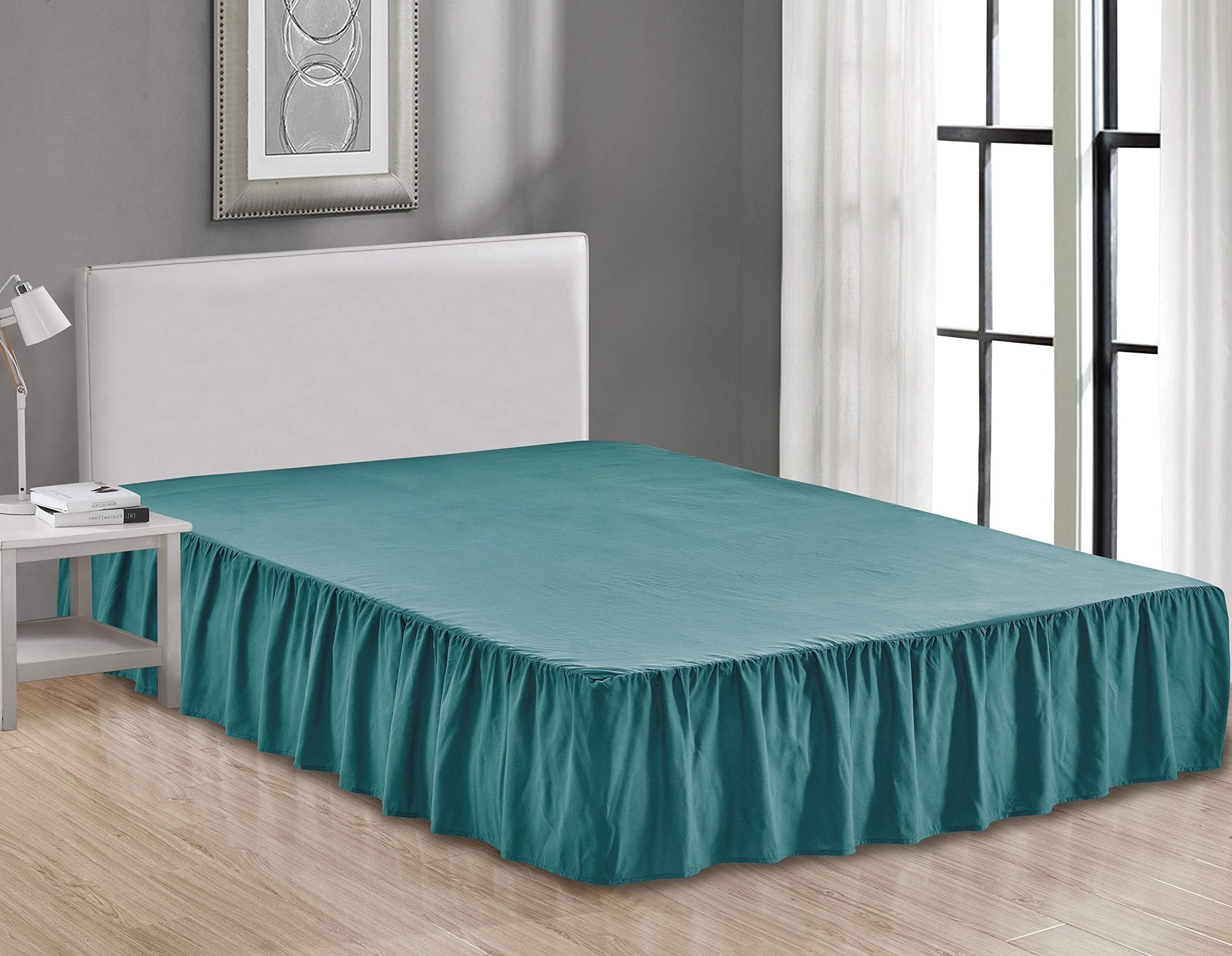 Sheets & Beyond Wrap Around Solid Microfiber Luxury Hotel Quality Fabric Bedroom Gathered Ruffled Bedding Bed Skirt 14 Inch Drop (Queen, Teal)