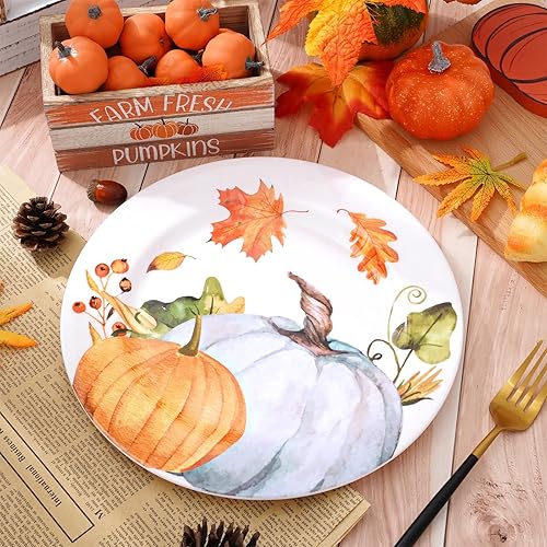 Miniatura 3 de AnyDesign Juego de 4 platos de cena de otoño de Acción de Gracias, platos de plástico de hojas de calabaza otoñales, reutilizables, 10 x 10 pulgadas