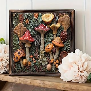 Rustic Vintage Framed Wall Art Sign-"Detailed Fungi And Botanical Relief " Tabletop Decor 8x8 Inch- Gifts for Farmhouse, Cafes, Stores, Room, Bathroom, Home & Office