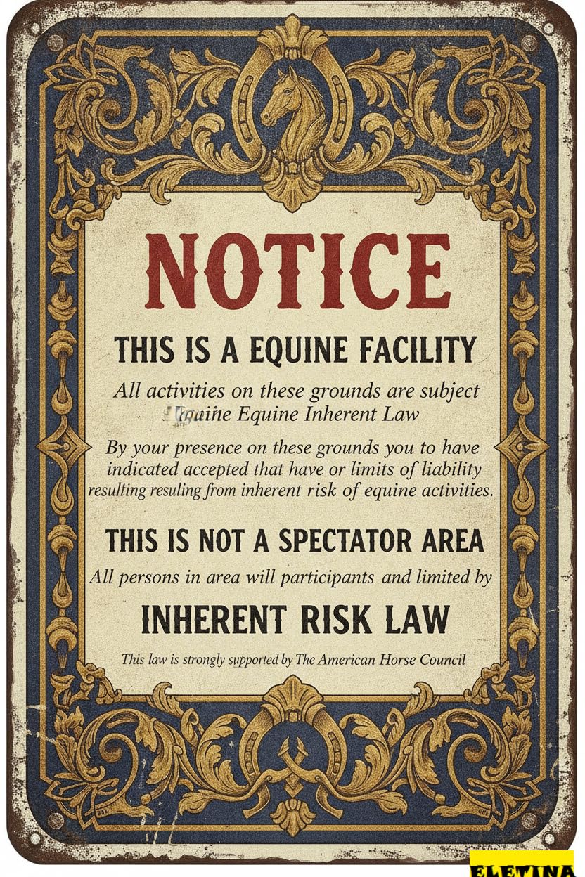Personalized Sign for Man Cave Supplemental Equine Liability Tin Warning Statute Horse Barn Stable Private Property Decorative