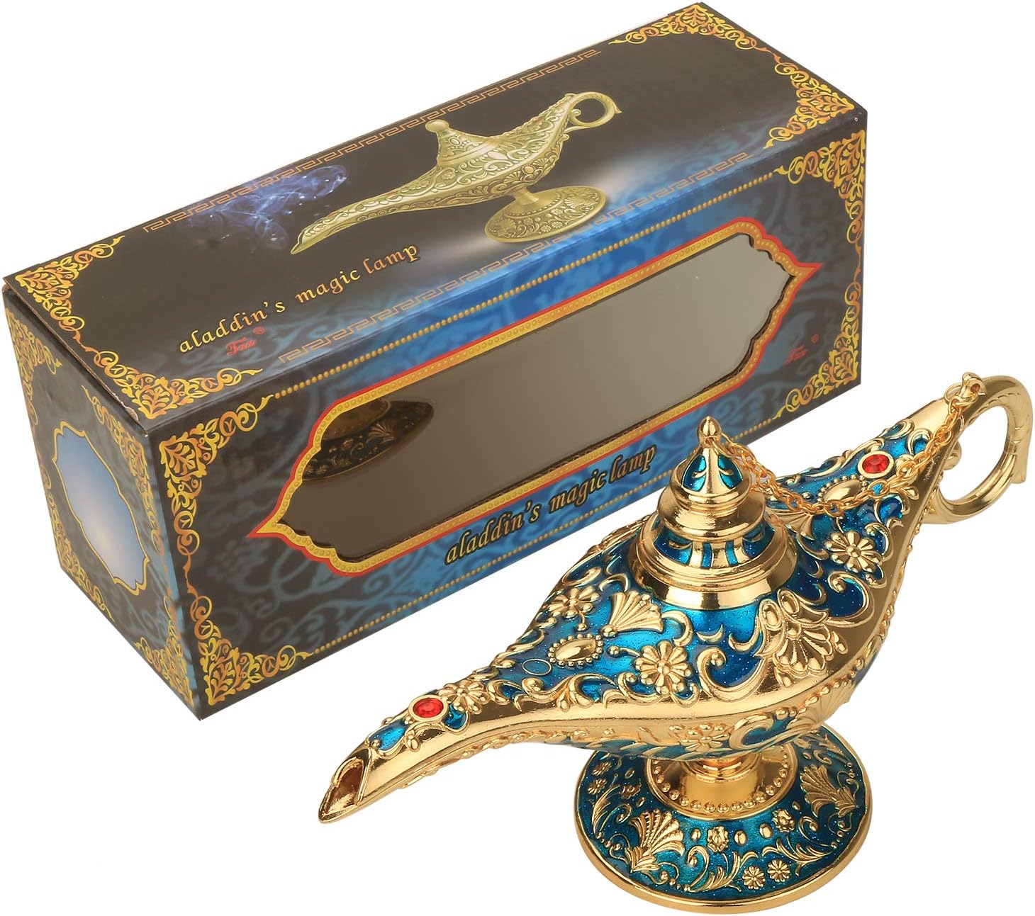 LAUYOO Classic Aladdin Magic Genie Lamp Legend Wishing Light Costume Lamp Metal Carved Arabian Props for Home Tabletop Decoration Party Birthday Halloween Christmas Size 7 x 20.7 x 11.3CM-Green
