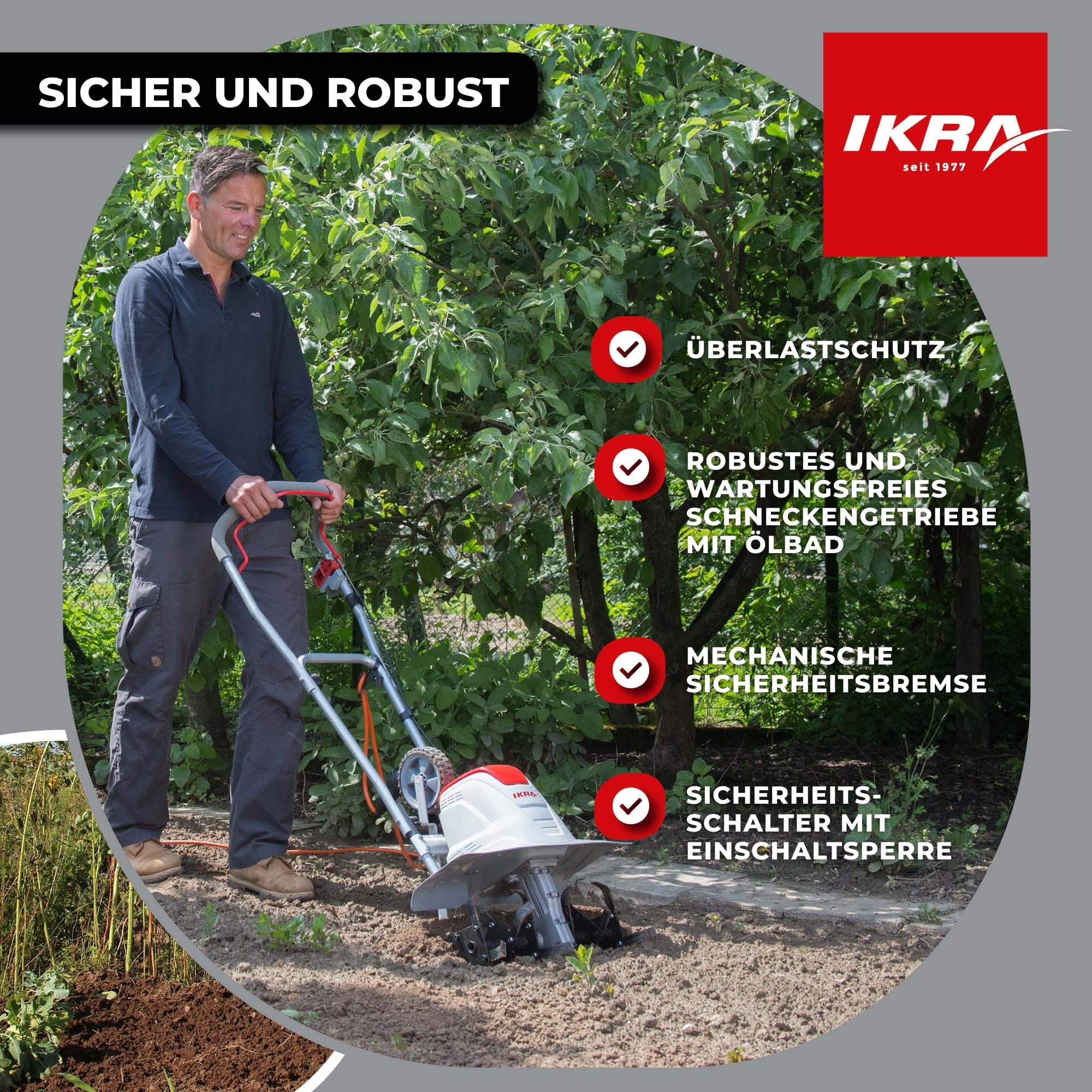 IKRA Elektro Bodenhacke FEM 1500, flexibel 3 Arbeitsbreiten 17, 30 & 45cm | Boden lockern und Saatbett vorbereiten, 1500W, Arbeitstiefe 23cm, Bremssporn, Transportrad, zusammenklappbar, Überlastschutz