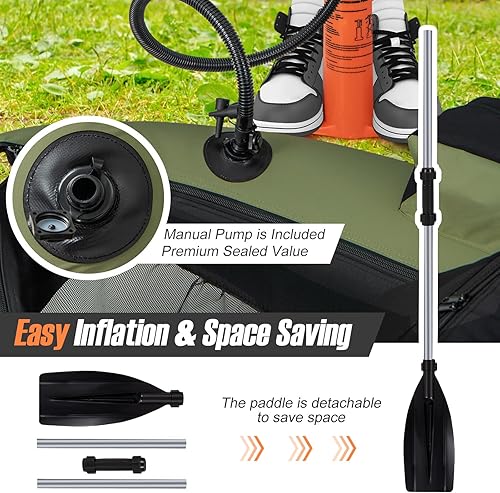 Miniatura 29 de GYMAX Tubo flotador de pesca, barco de pesca inflable de 350 libras con paleta, bomba, aletas, estatores de anzuelos, regla de pescado, bolsillos