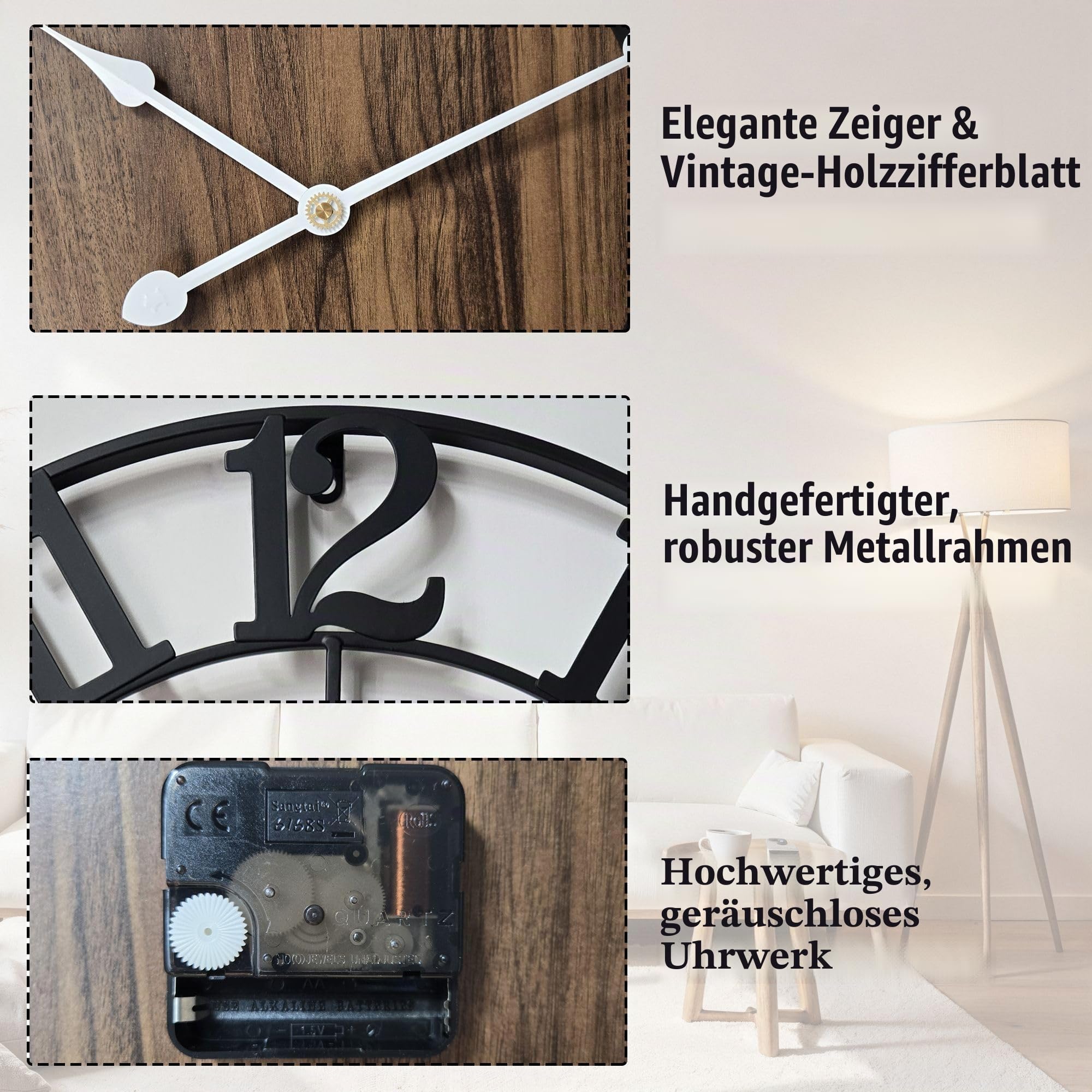 Große Wanduhr 50cm Durchmesser Vintage Design Schwarz Metall Dekorative Ohne Tickgeräusche Moderne Holz Wanduhr für Wohnzimmer, Landhaus, Schlafzimmer, Kamin, Küche, Büro & Wohnaccessoire