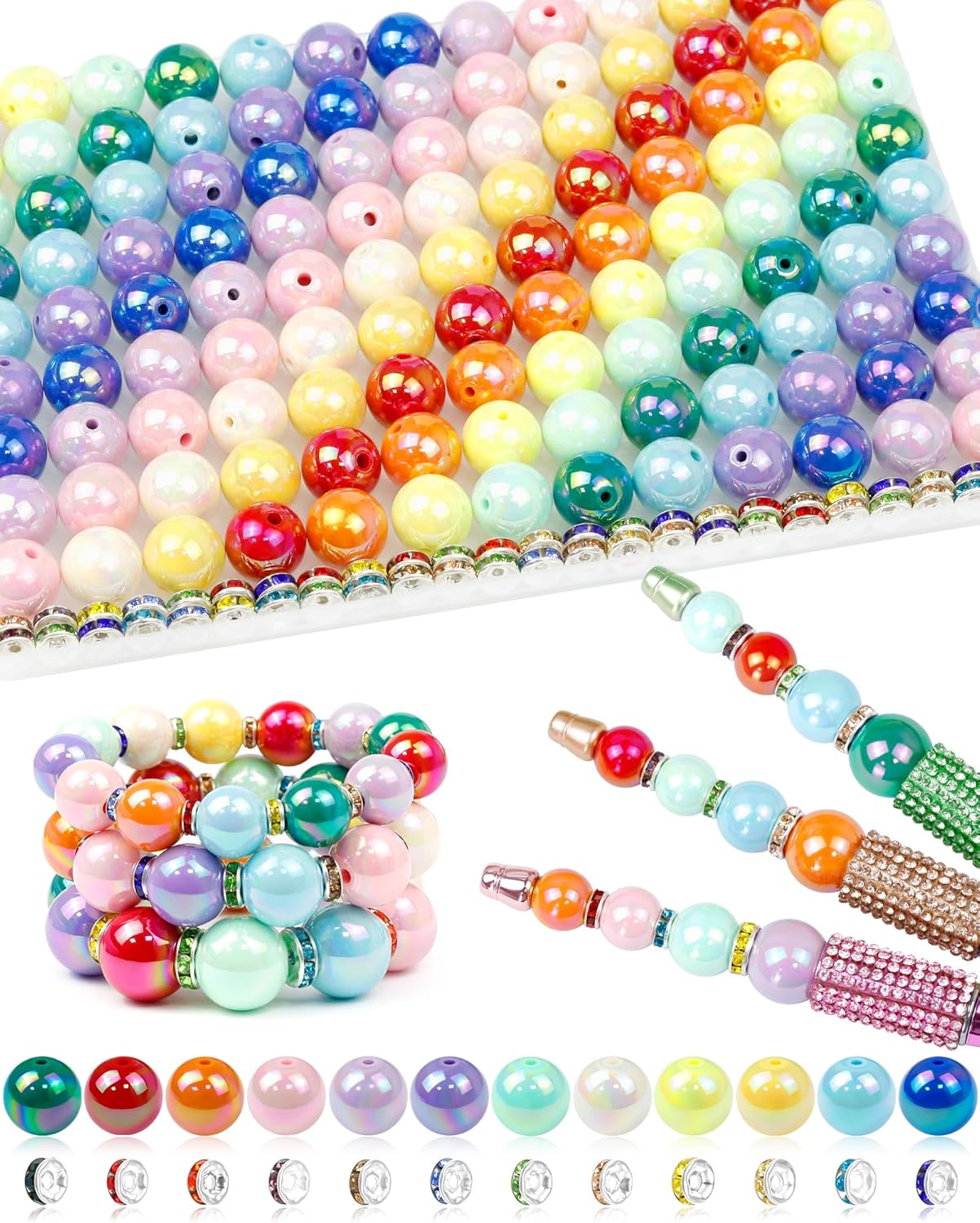 196PCS FIVEIZERO Focal Beads for Pens – 16mm AB Rainbow Acrylic Beads & 10mm Rhinestone Spacers in 12 Colors for Beadable Pens, Bracelets, Jewelry Making & DIY Crafts