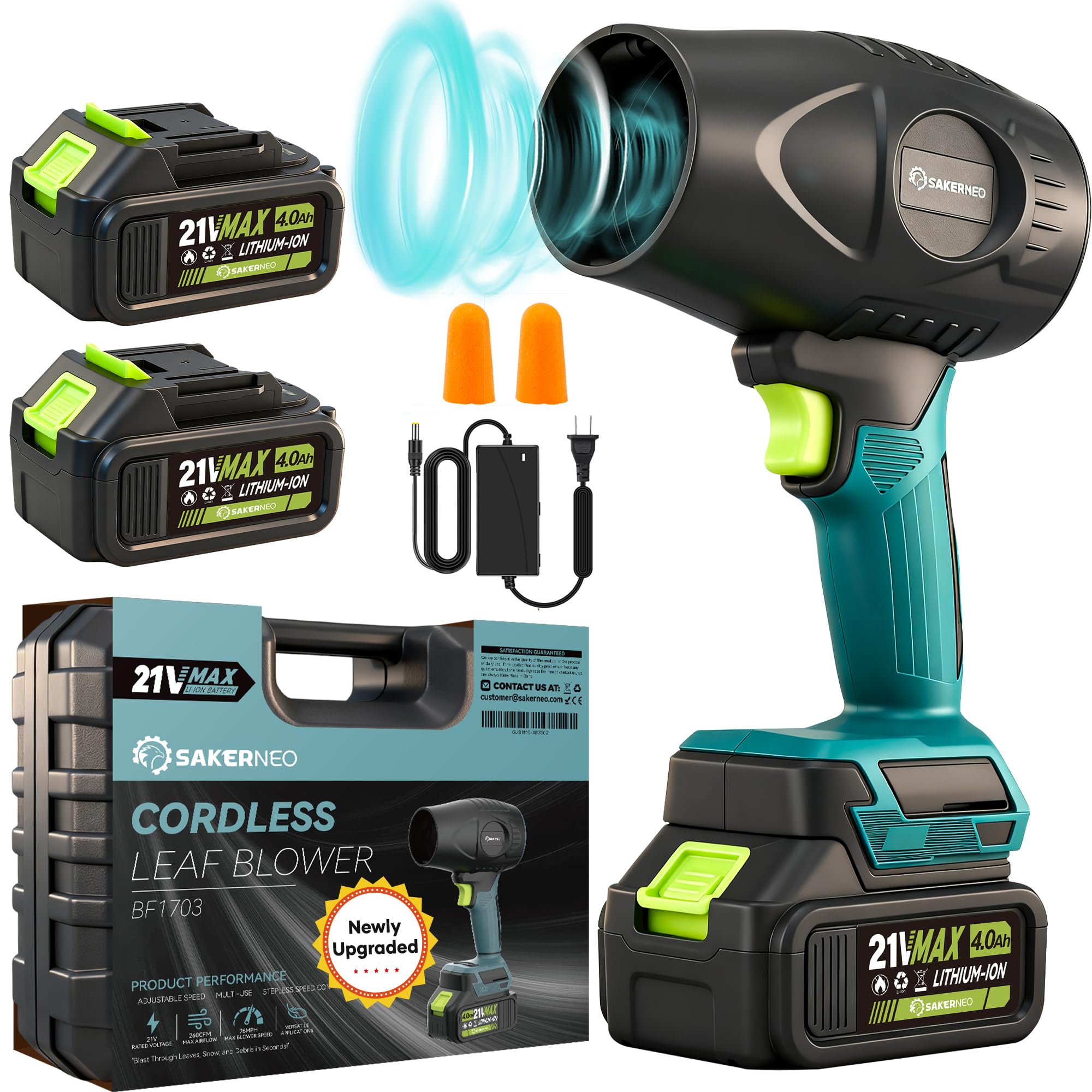 SakerNeo Soplador de hojas inalámbrico con 2 baterías, soplador de mano de 180000 rpm, velocidad ajustable para limpieza de patio, césped, jardín,