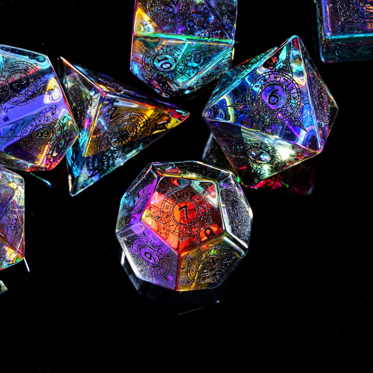 UDIXI Prism Glass Dice Set 7PCS Rainbow Glass DND Dice with Gift Box for D&D Tabletop Games (12 Constellations)