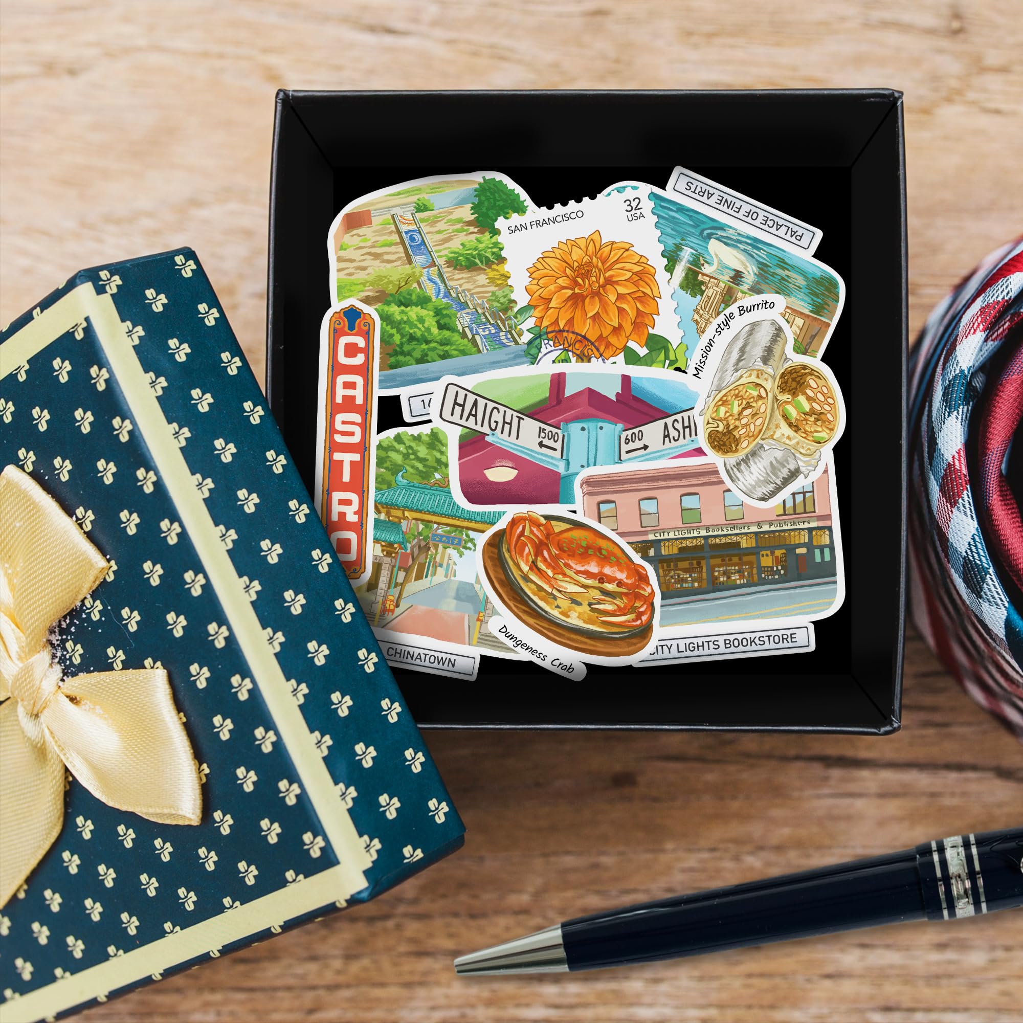Navy Peony stickers grand format San Francisco — Illustrés à la main, gouache, finition brillante, imperméables (28 pièces)