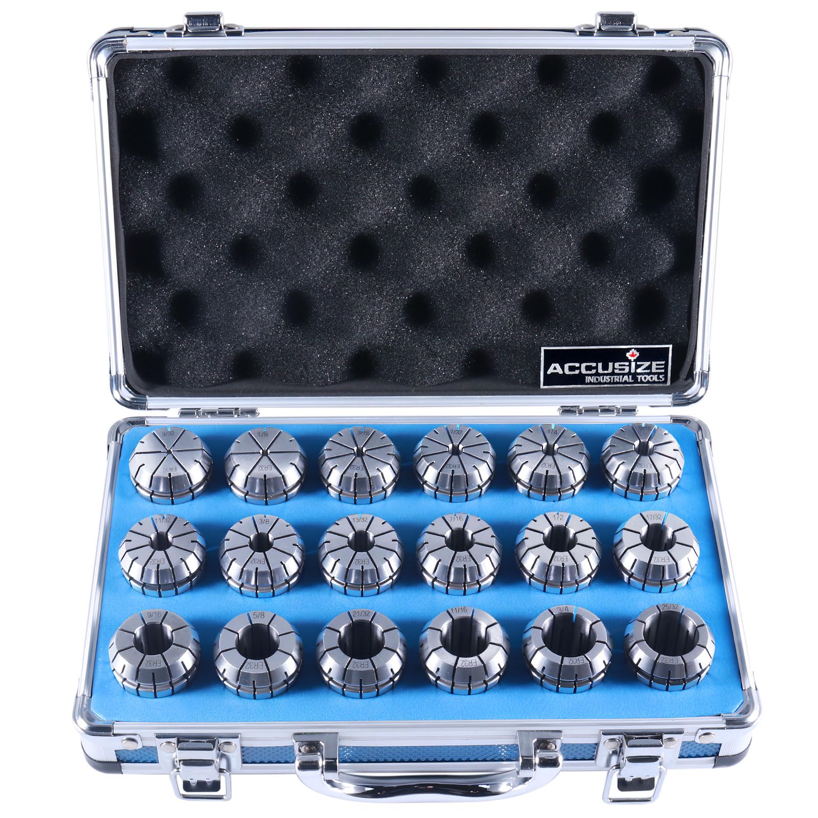 Accusize Industrial Tools 18-częściowy zestaw tulei zaciskowych Er32, rozmiar od 3/32'' do 25/32'' w dopasowanym mocnym pudełku, 0223-0880