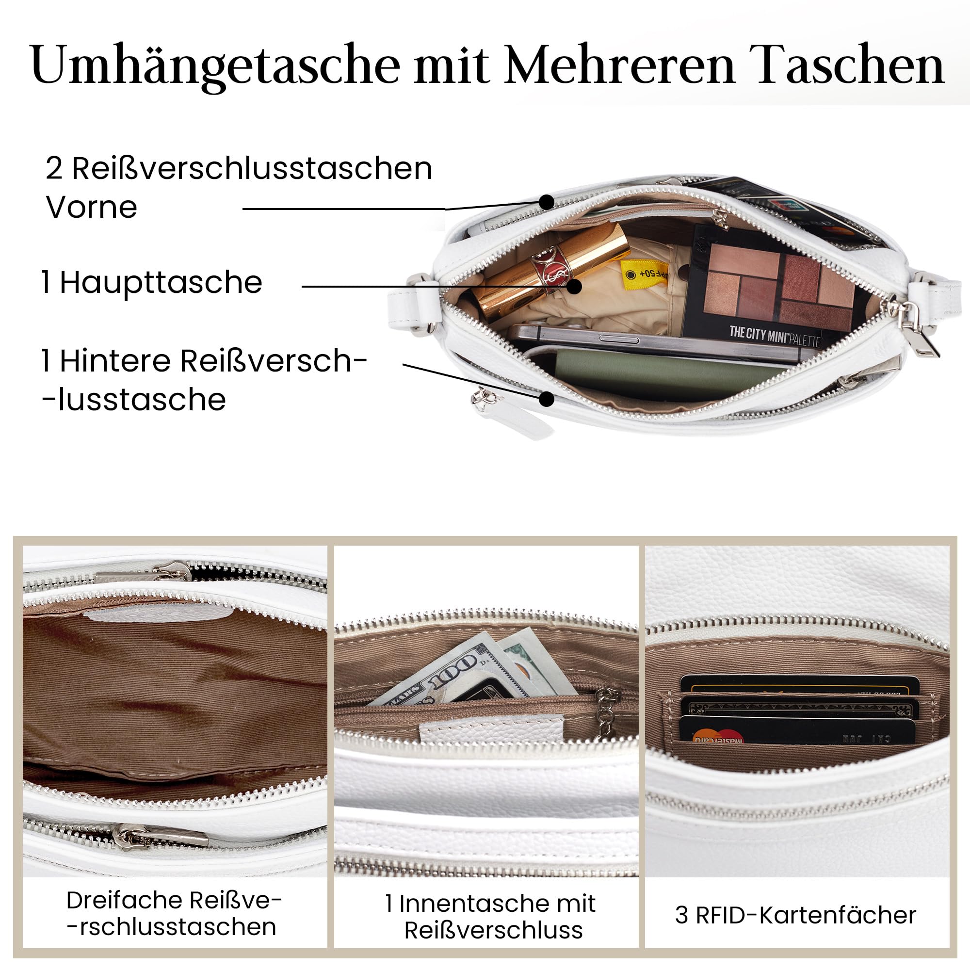 befen Echtleder Handtasche Damen Mittelgroß, Crossbody Bag Leder RFID-Blockierung Handytasche zum Umhängen, Moderne Kleine Umhängetasche Damen mit Verstellbar Schultergurt