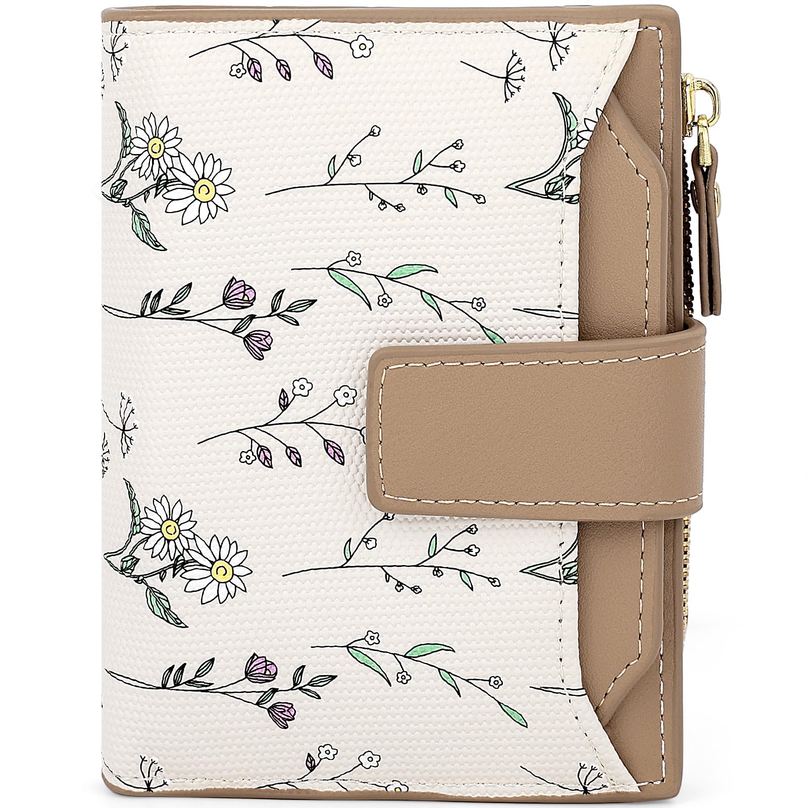 Farcauo Portemonnaie Damen Geldbeutel Frauen Portemonnaie Mini Geldbörsen Klein Damen mit Braun Blumen Design für Frauen Klein Portmonee mit Ausweisfach und Kartenhüllen