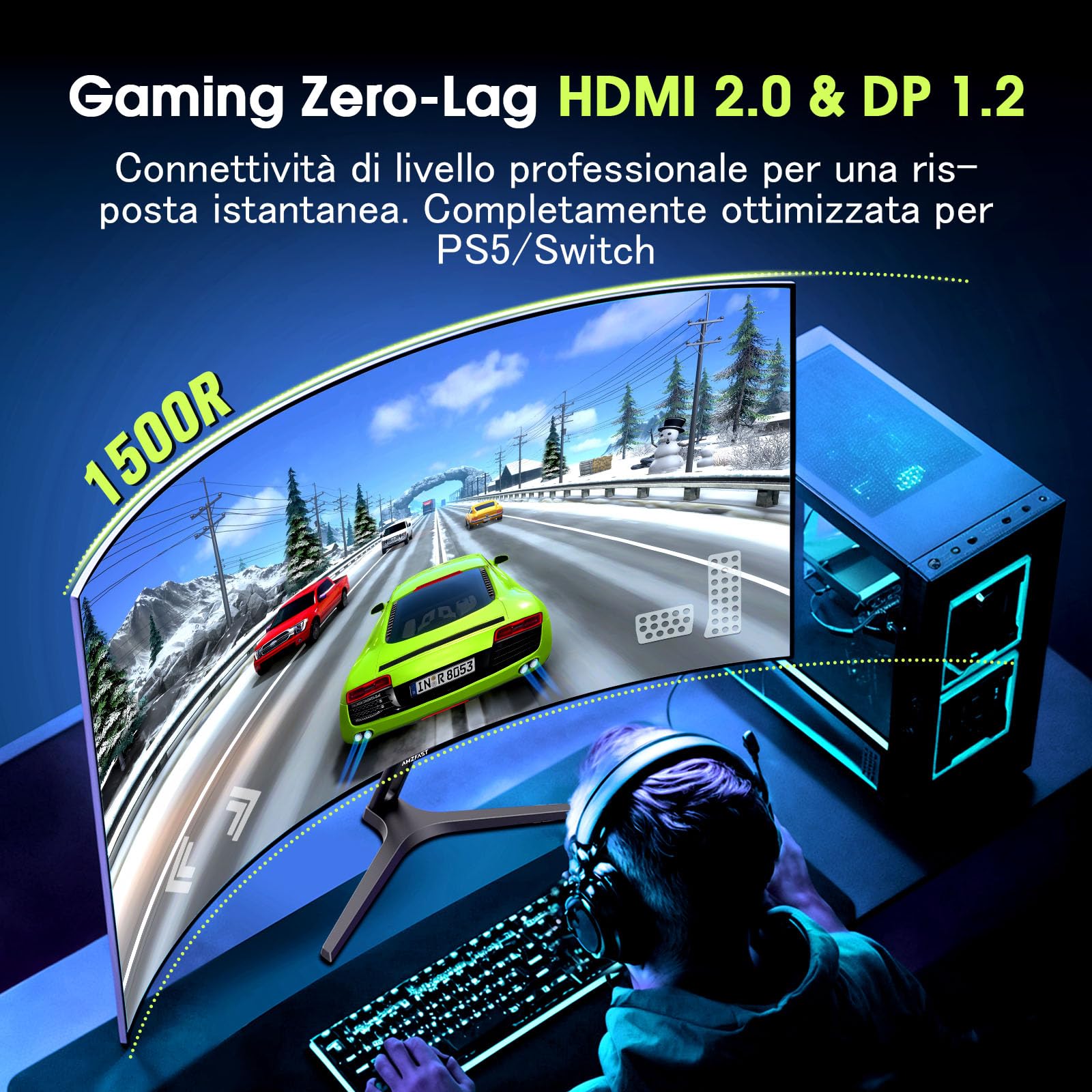 Amzfast Monitor da Gaming Curvo 1500R con Adaptive-Sync, HDMI/DisplayPort, 27 Pollici 180Hz/QHD