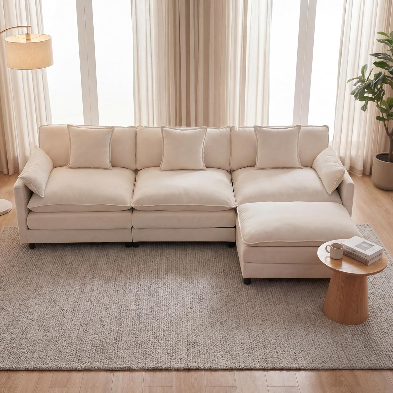 107" Modular Sectional Sofa Set with Ottoman, L-Shaped Convertible Couch, 3-Seats Chenille Deep Seat Sofa with Pillows for Living Room, Bedroom and Apartment (Beige)