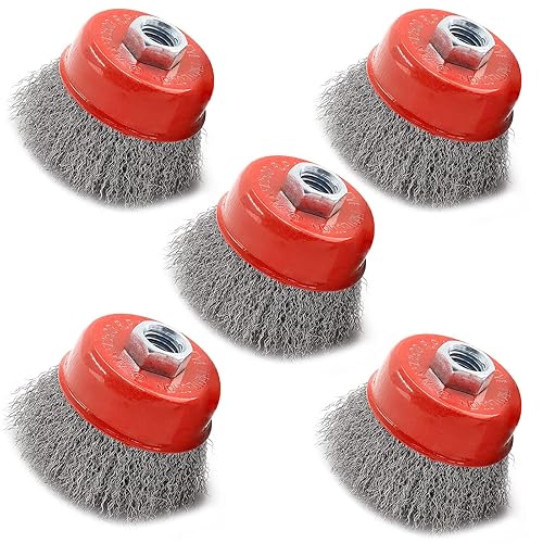 Moicstiy 5 cepillos de copa de alambre prensado de 3 pulgadas, cepillo de copa de alambre de acero al carbono con árbol roscado de 58 pulgadas y