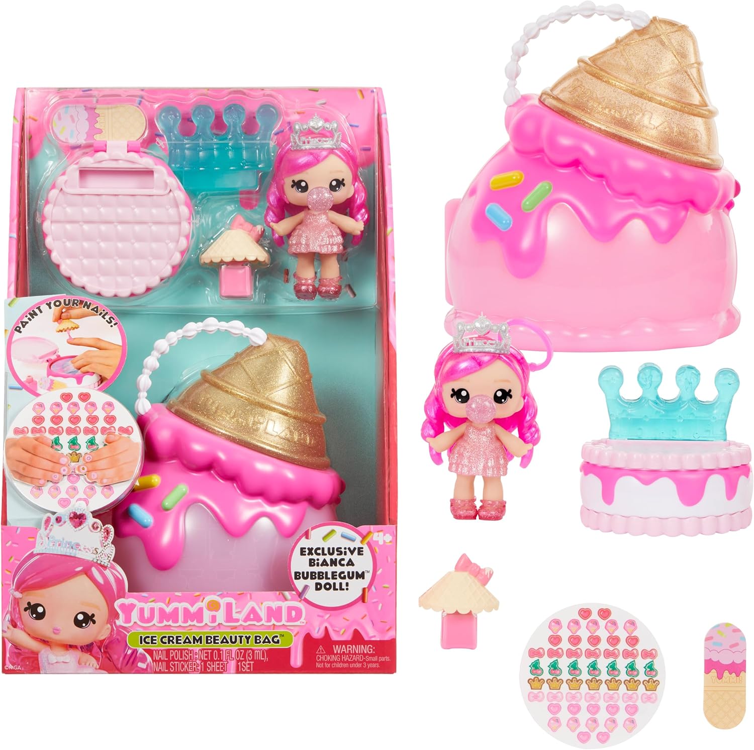 Yummiland Beauty Bag Playset + Lip Gloss Doll - Ice Cream Bag Includes Exclusive Bianca Bubbglegum, Nail Polish + Nail Stickers, Manicure, Doll Playset, Cosmetic Play 4+