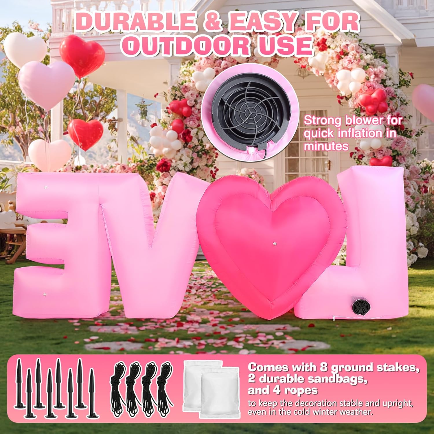 7FT Pink Love Inflatable Valentine’s Day Yard Decoration with Heart and LED Lights Giant Romantic Blow Up Outdoor Wedding Anniversary Engagement Party Decor for Garden Lawn Party Indoor Outdoor