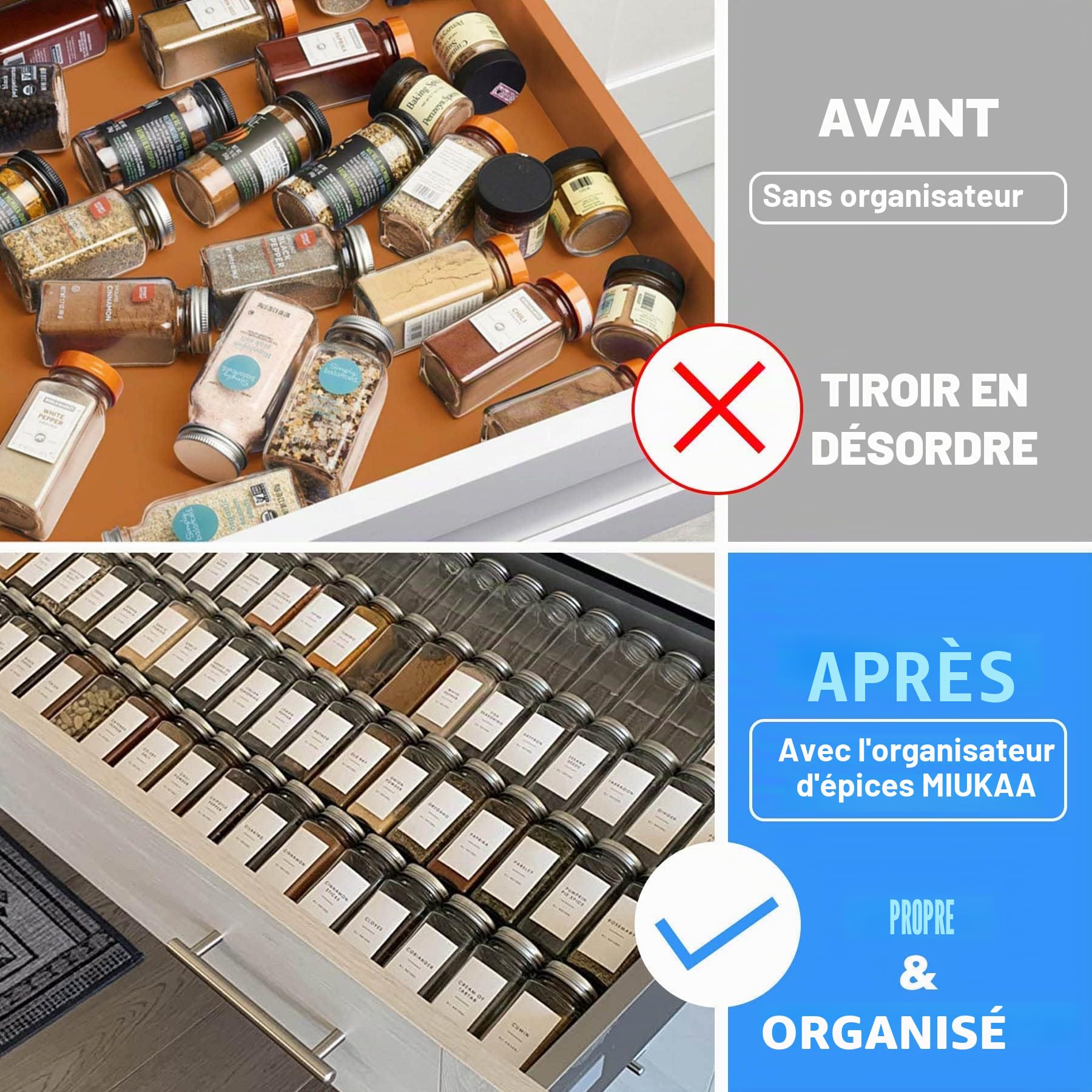 MIUKAA Ensemble de 2 x 4 présentoirs, 33 cm à 66 cm, en acrylique transparent pour flacons d'épices, pour tiroir, plan de travail (flacons non inclus)