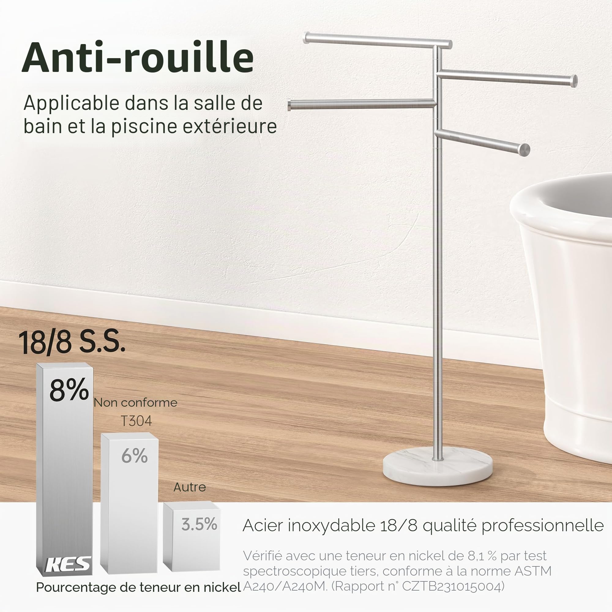 KES Porte-Serviettes sur Pied Porte Serviettes Pivotant 4 Barres avec Base en Marbre Porte Serviette Acier Inoxydable SUS304 Barre Porte-Serviette Brossé, BTH219S4-2