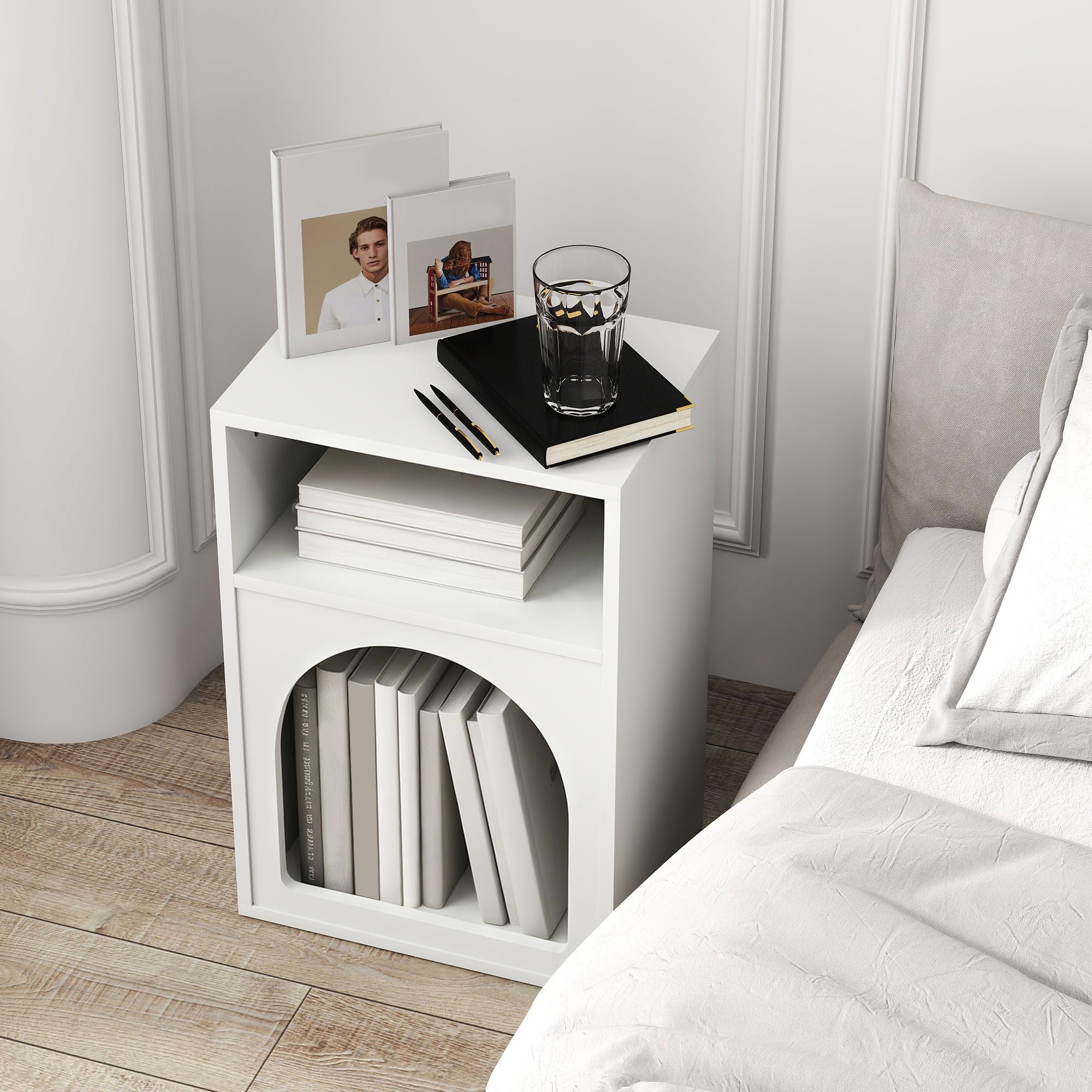 HOMCOM Lot de 2 Tables de Chevet, Table de Nuit avec Compartiments Ouverts, Design arqué, Chevet de lit pour Chambre à Coucher, Salon, 40 x 30 x 60 cm, Blanc