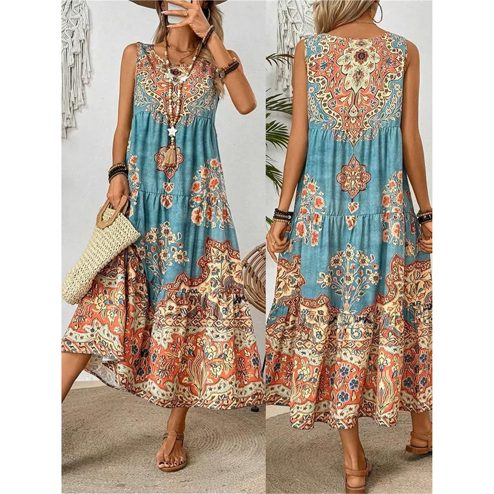 Vestido de Playa con Estampado Verano, Cuello Redondo, sin Mangas, for Mujer, Adecuado for Uso Informal o Vacaciones