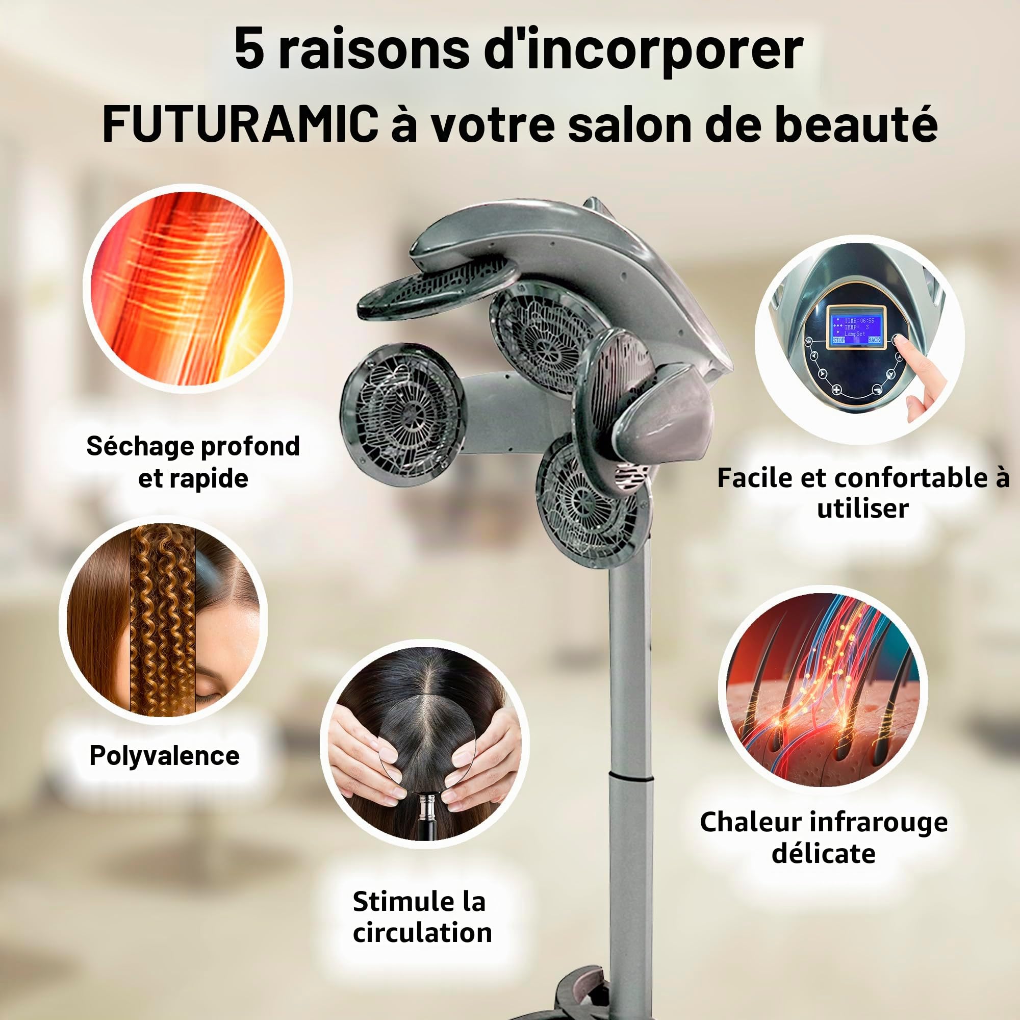 PostQuam – Climazon de coiffure professionnel Futuramic – Accélérateur de soins capillaires pour salon de coiffure – Contrôle numérique temps et température, hauteur réglable sur roulettes